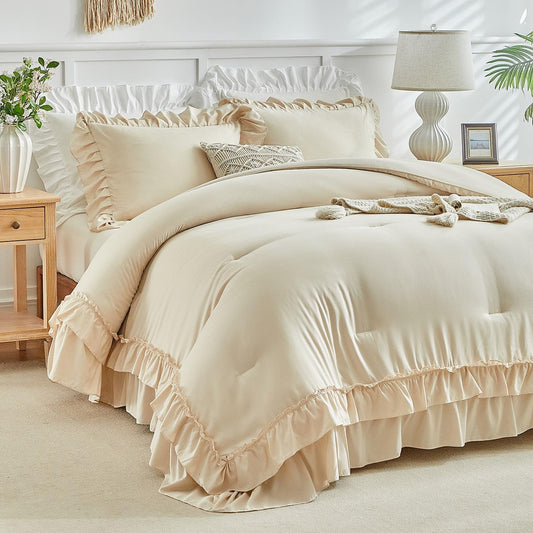 Beige Ruffle Comforter Set Full/Queen Size, 3 Pieces Vintage Farmhouse Shabby Chic Comforters, Solid Color Lightweight Soft Fluffy Bedding Sets for All Season (1 Ruffled Comforter + 2 Pillow Shams)