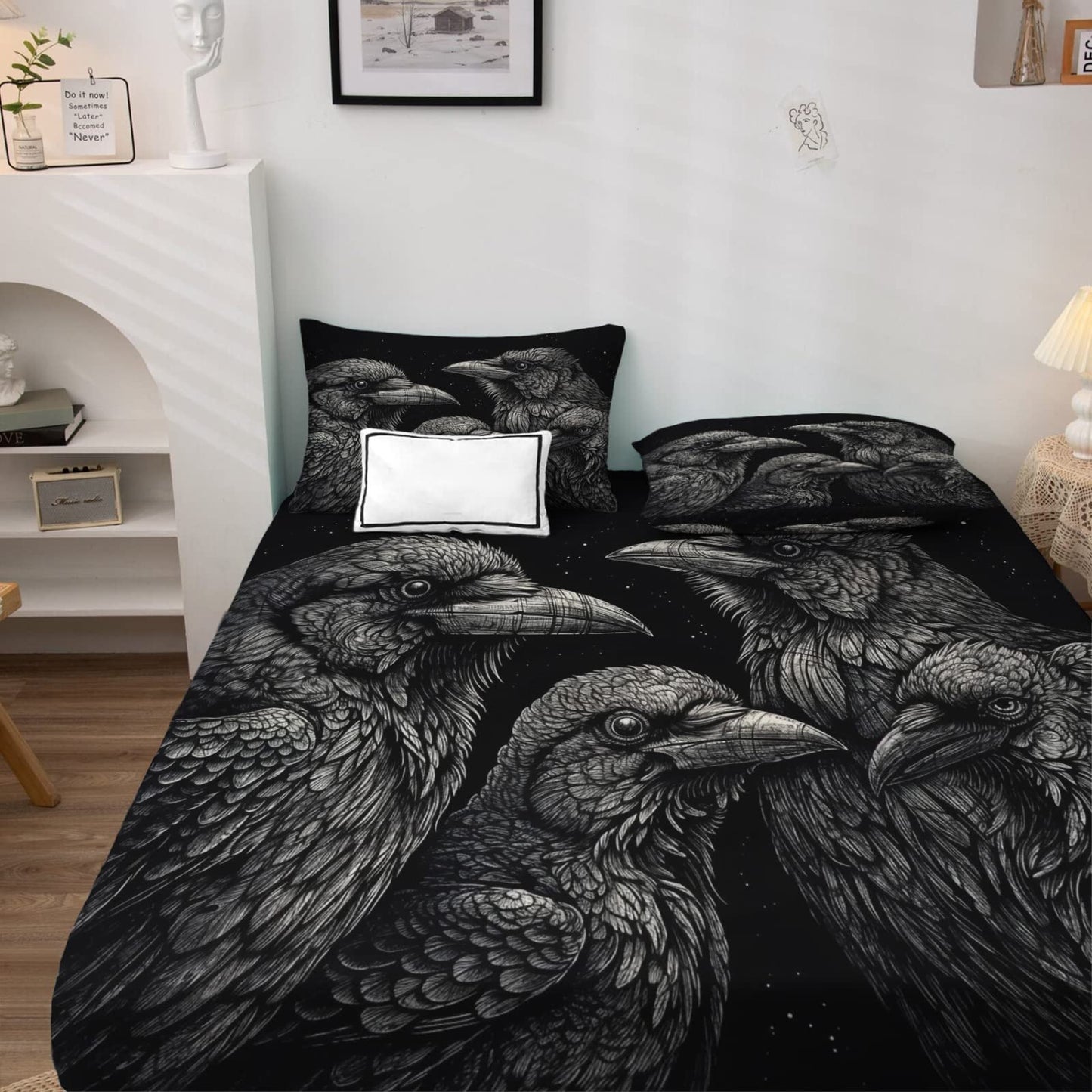 zcwl Queen Sheets Set, Crow Bed Sheets - Microfiber Bedding Sheets & Pillowcases 4 Piece, Bird Black Patterned Sheet Set, 16 Inch Deep Pocket Fitted Sheet, Silky Soft Wrinkle Free