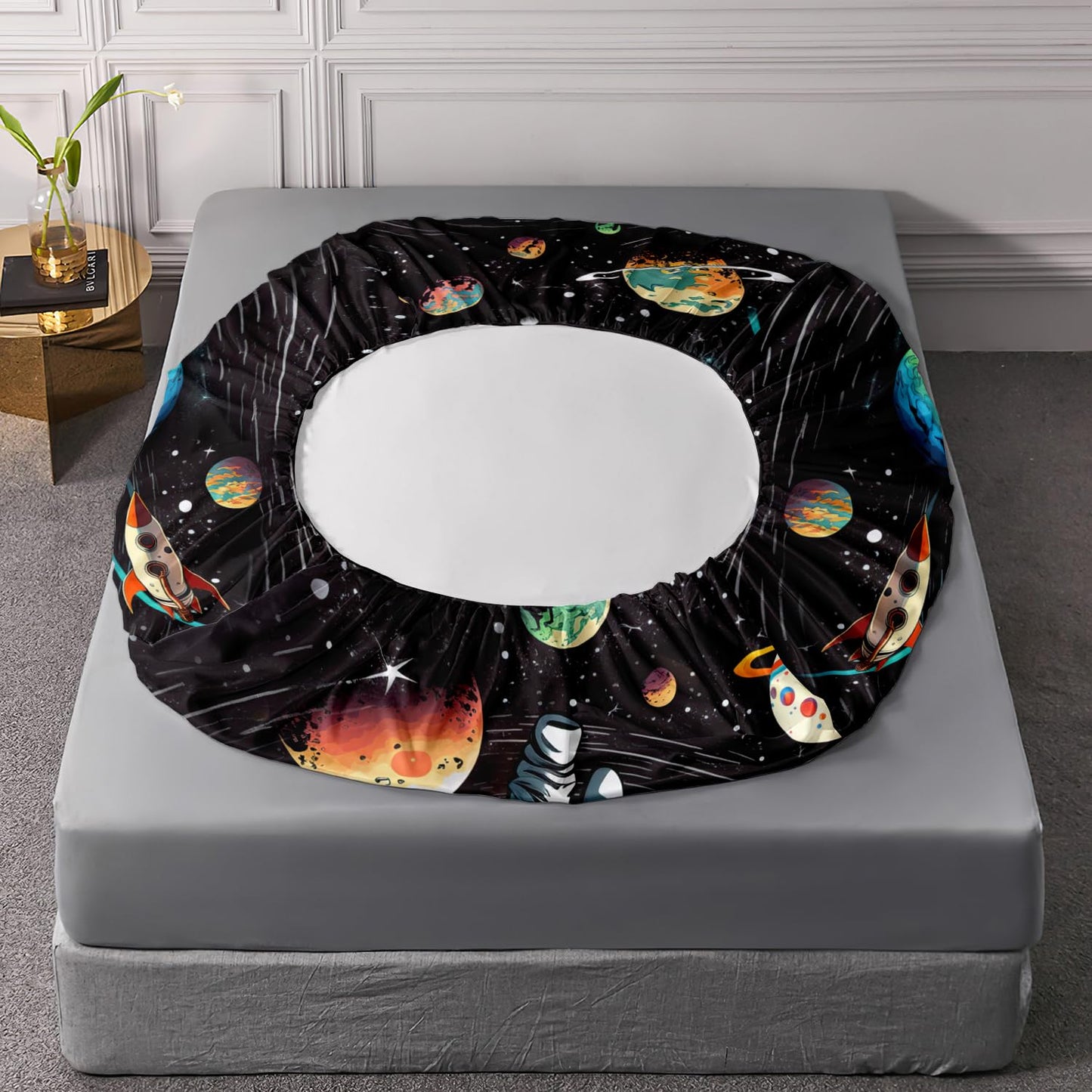 AILONEN Outer Space Fitted Sheet Set Full Size,3D Astronaut Print Bed Sheet Set,Galaxy Bedding Cartoon Planet Rocket Sheet Set 3 Pieces, 1 Fitted Sheet and 2 Pillowcases