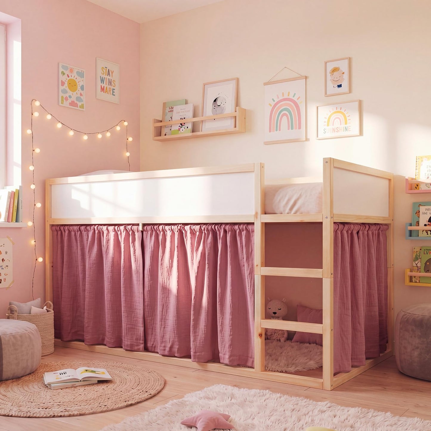 Breling 3 Pcs Panel Muslin Cotton Curtains Set for Loft Bed Pink Bunk Bed Privacy Curtains Breathable Fabric with Storage Bag for Bedroom Playhouse Dorm
