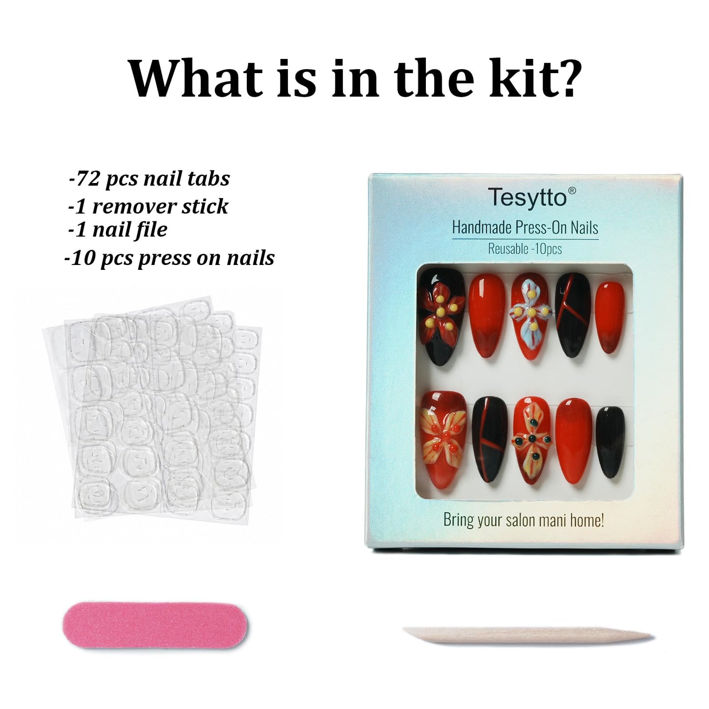 Tesytto Medium Almond Press On Nails, Red Black Gradient False Nails with 3D Embossed Colorful Flower, Reusable Glossy Y2K Fake Nails for Women & Girls (Crimson Flame,M)