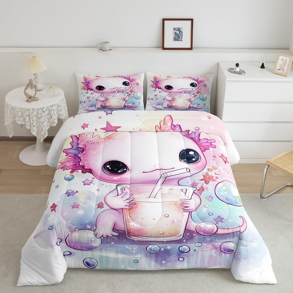 Feelyou Pink Cute Axolotl Comforter Set Twin Size Kids Cartoon Salamander Drink Bedding Set Boys Teens Kawaii Ocean Sealife Comforter Gift for Girls Women Duvet Set Bubble Quilt Set