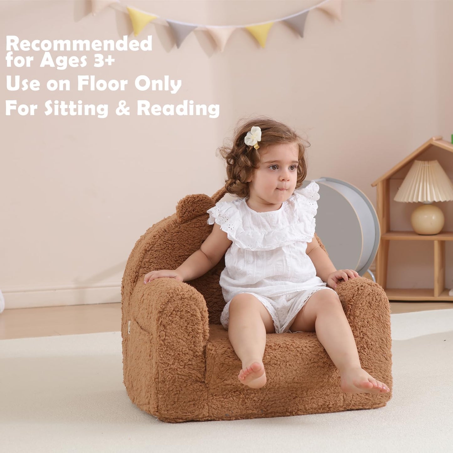 Kisdsa Toddler Chair,Sherpa Bear Toddler Couch Fold Out,Children Reading Chair,Flip Out Kids Couch,Kids Sofa Convertible for Gift (Brown Bear)