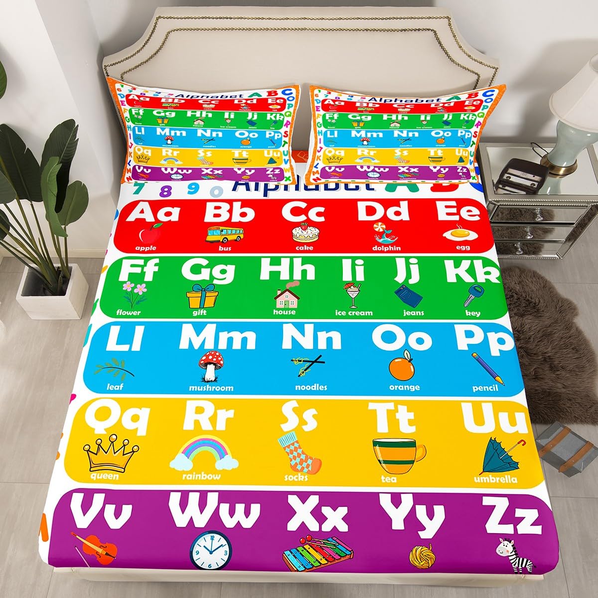 ABC Alphabet Bed Sheet Set Twin Size, Learning Alphabet Fitted Sheet Kids Toddler Educational Bedding Set Word Educational Bed Cover (1 Pillow Case and a Fitted Sheet)