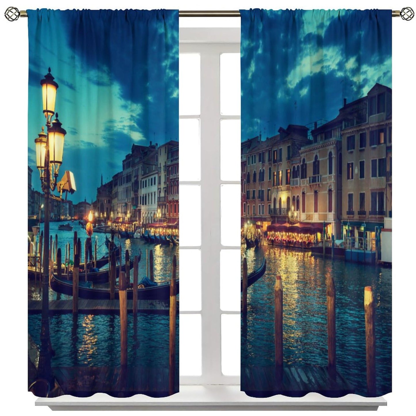 Venice Night Curtains, Night View of Architectural Waterways in Italian Cities in Europe Decor Windows Treatments, Thermal Insulation Rod Pocket Drapes For Boys Girls Bedroom Living Room 42x45in