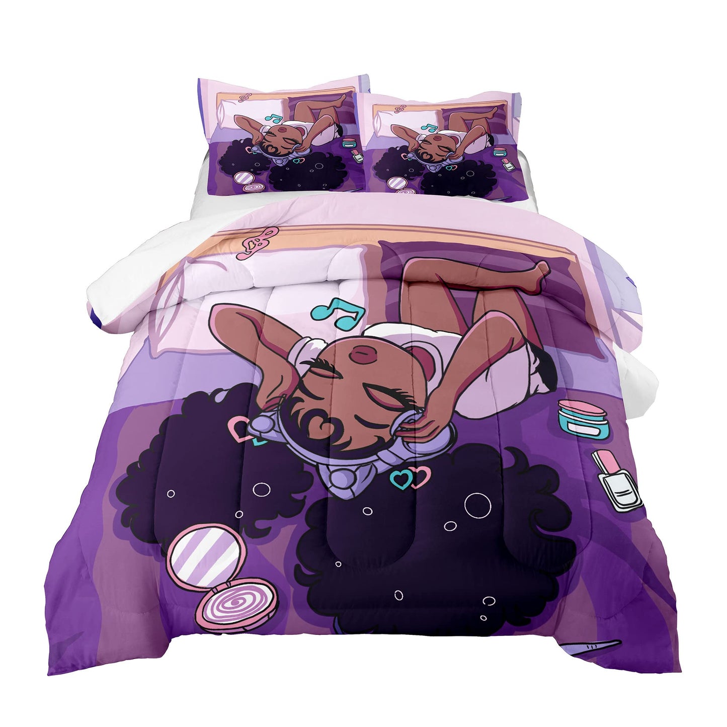 kodhyvj African American Black Girl Comforter Set Twin Size, Black Girls Magic Duvet for Kawaii Bedroom Decor, Girl Love Music Purple Bedding Set with 1 Comforter +1 Pillowcase