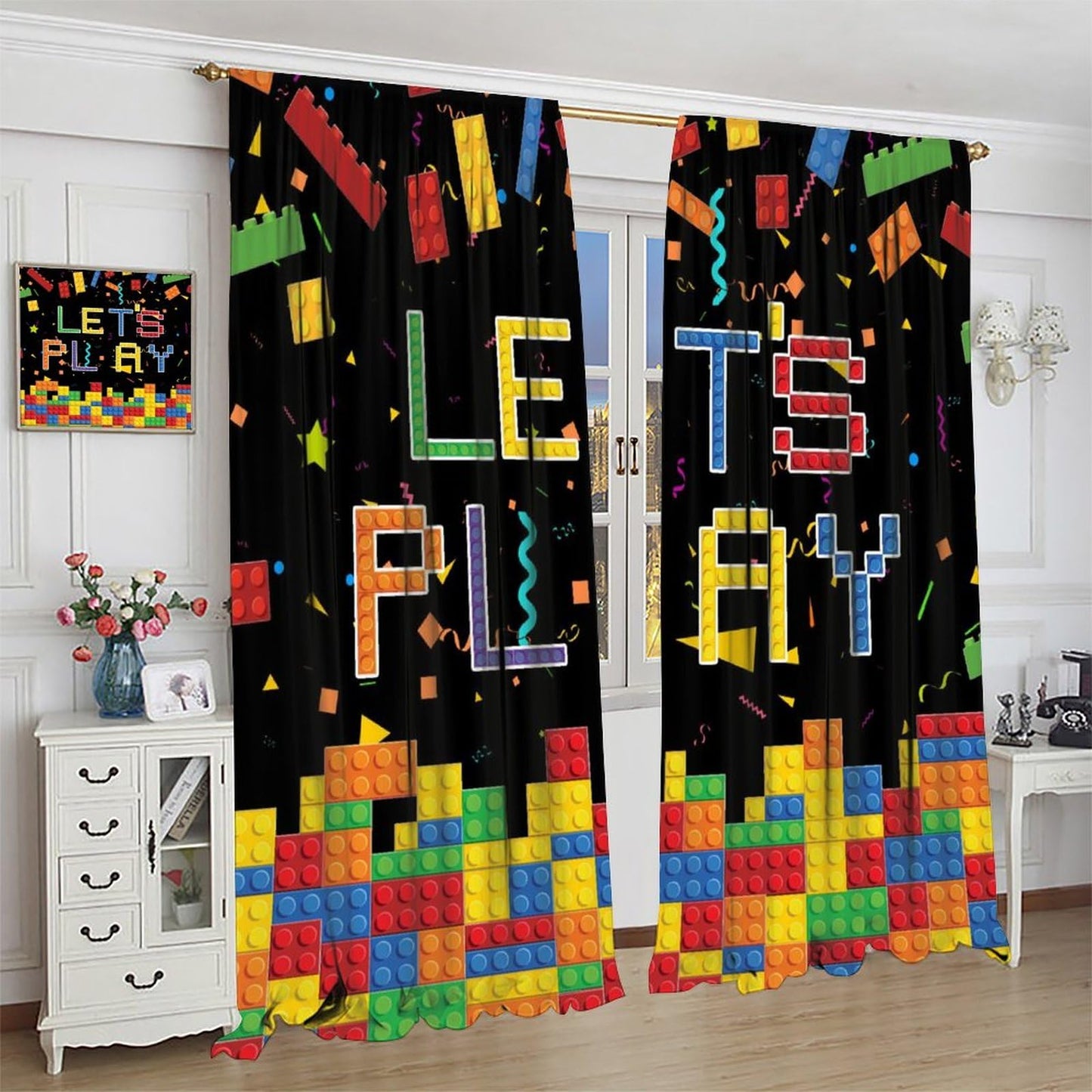 AAVEUP Kids Boys Curtains,Colorful Building Blocks Toys Plastic Brick Toy Pattern Abstract Contour Printed Window Drapes for Boys Room Living Room Nursery Party 42x44.5in（No Blackout）
