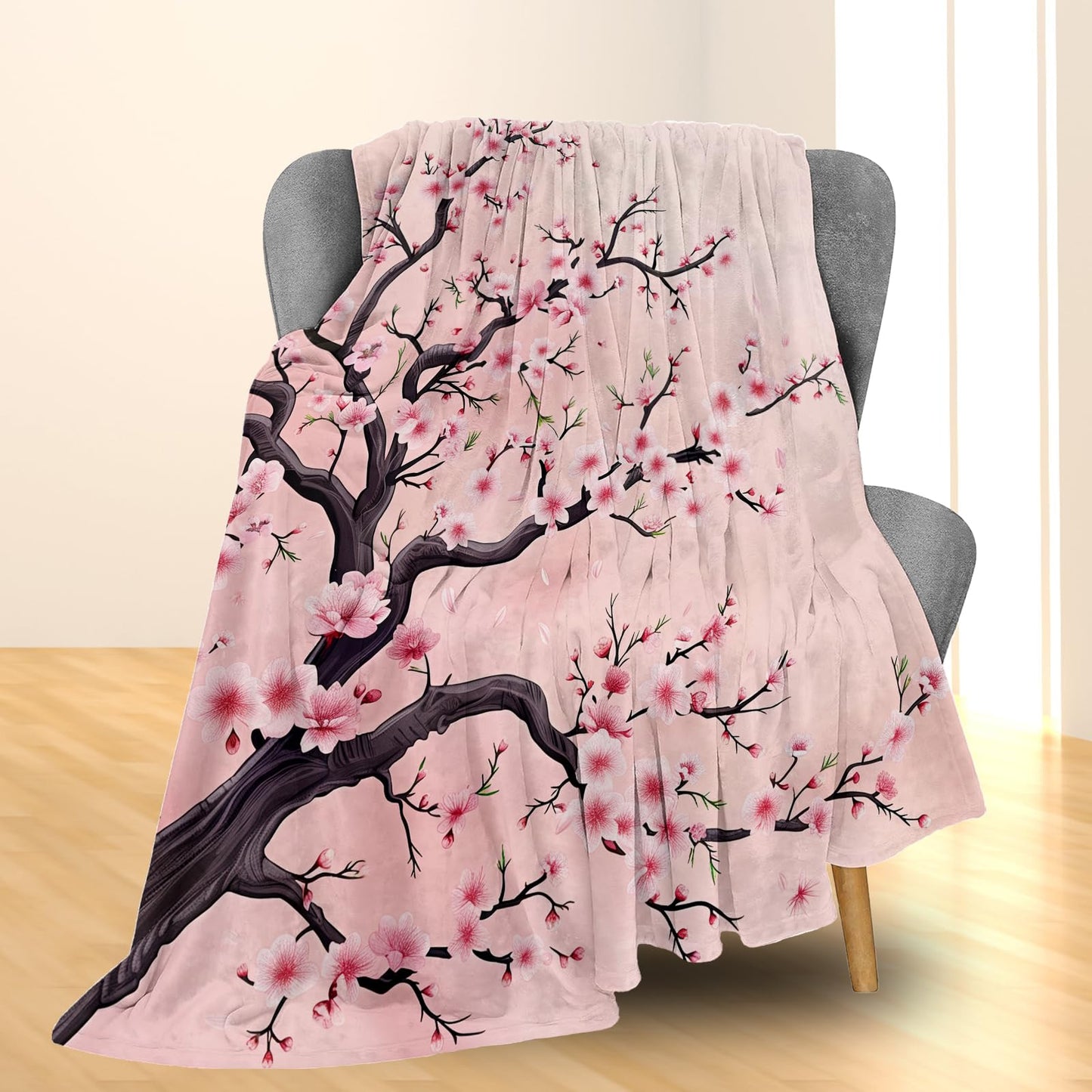 Ti Caldi Beautiful Cherry Blossom Blanket - Soft, Cozy, and Lightweight Flannel Throw, Ideal for Couch, Bed, and Travel - Fluffy, Fuzzy Home Decor for Outdoor and Indoor Use 60"x50"