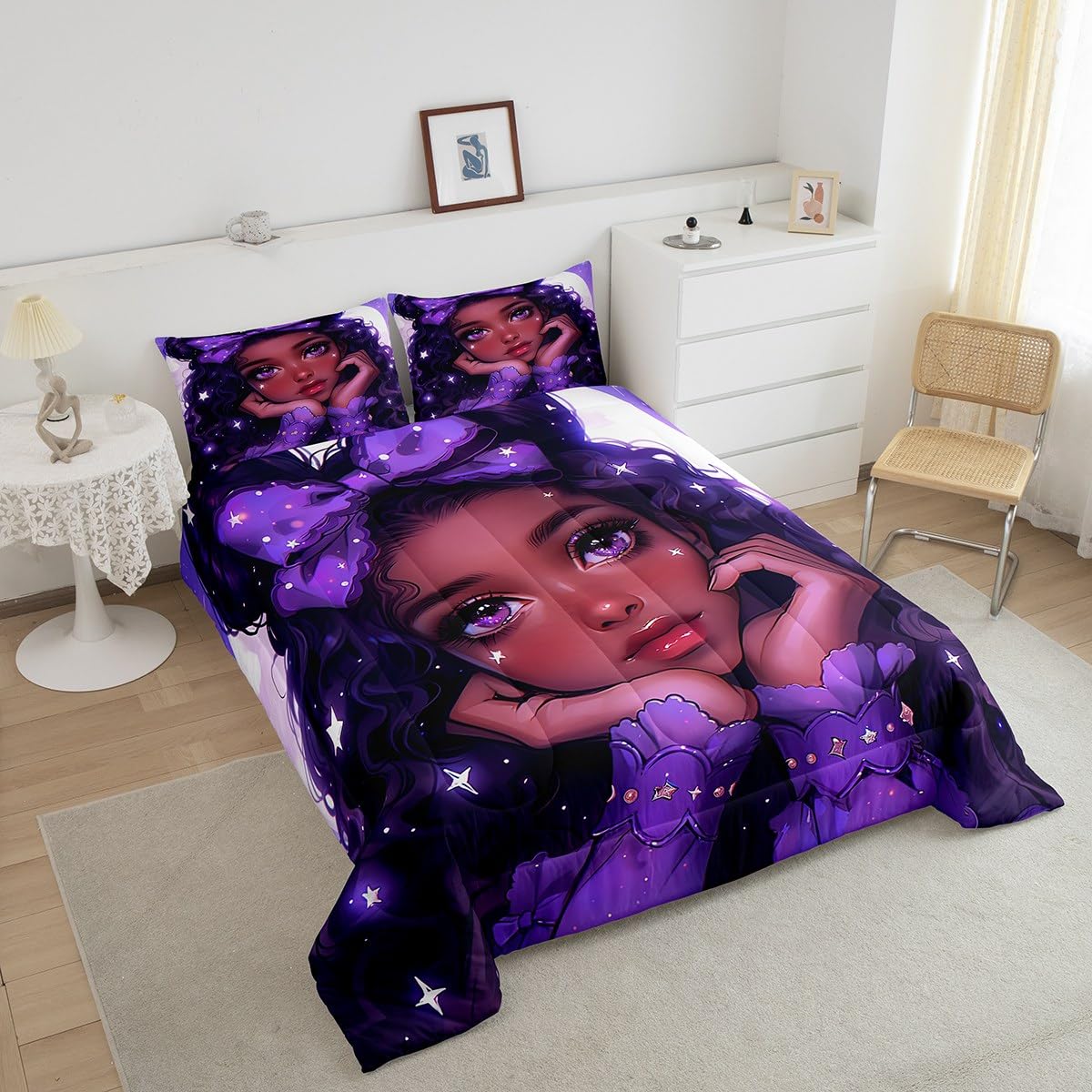 Erosebridal Afro Hair Girl Twin Comforter Set for Little Girls,Toddlers Cute Afro Melanin Princess Bedding Set,Purple Bow American Black Girls Quilt for Girls Bedroom