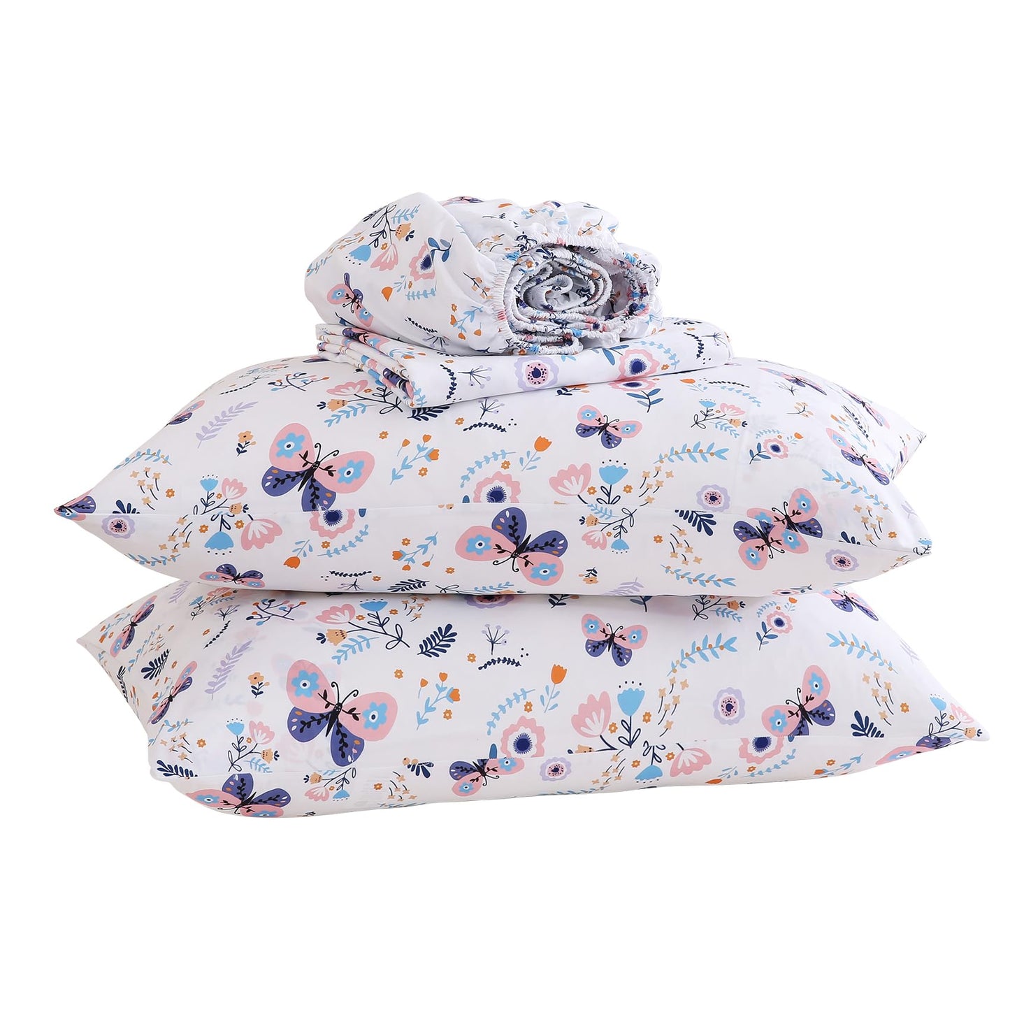Yibeizi Butterfly Floral Sheet Set for Girls Twin, Kids Boho Print Bedsheets Microfiber Deep Pocket Cute Patterned Bed Sheet & Pillowcase Sets 3 Pieces