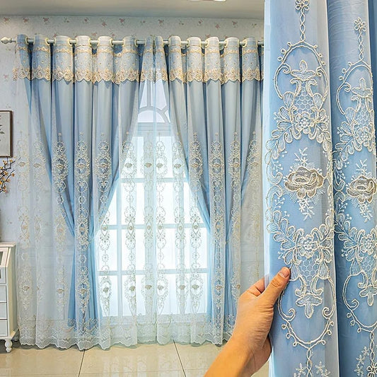Amidoudou 1 Pair European Double Layer Curtains with Valances for Living Room Bedroom 3D Flower Embroidered Curtains (Blue,63x96 Inch)
