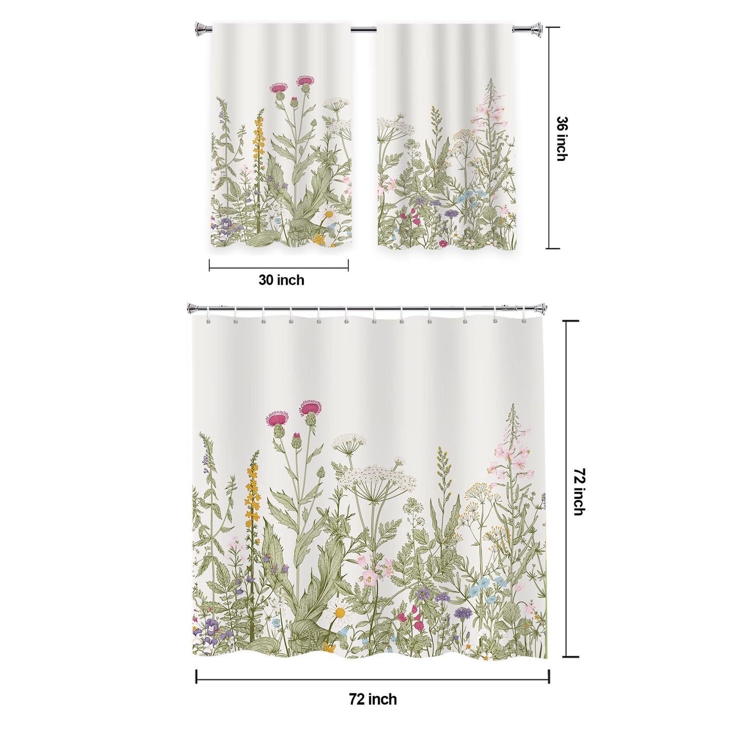 YISURE 2 Piece Wildflower Botanical Shower Curtain Set with Window Curtain, 72x72 with 30x36 inches, Floral Plant Sage Green Leaves Decorative Shower Curtain with Matching Window Panel