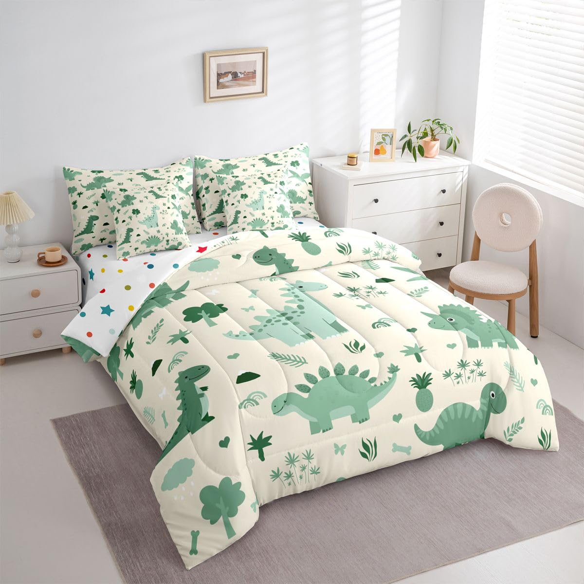 Feelyou Kids Cute Dinosaur Full Comforter Set with Sheets for Kids Boys Girls Boys Green Dinosaur 7 Pieces Bedding Set Cartoon Cute Animal Bed in a Bag Room Decor Soft Lightweight Microfiber