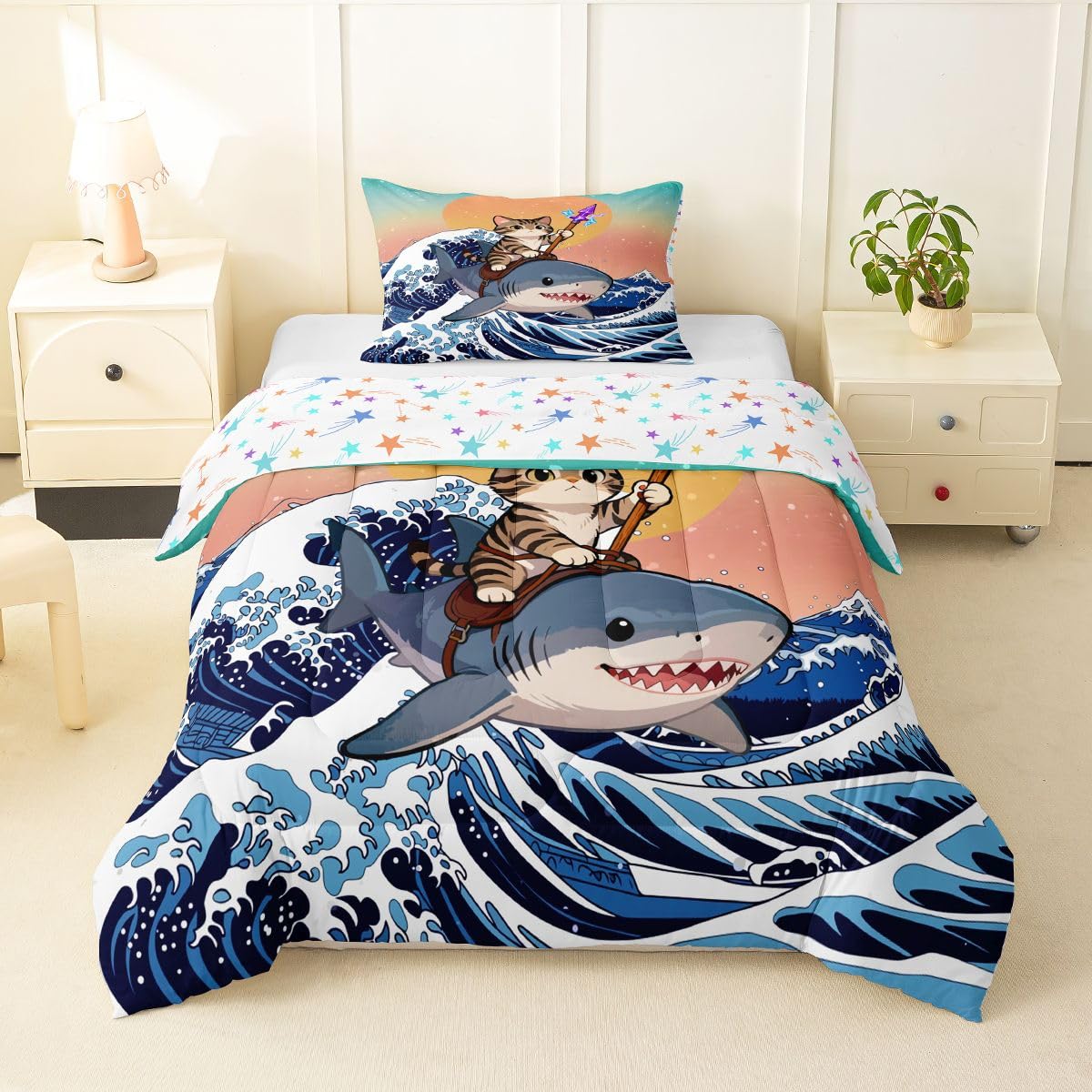 Erosebridal Kawaii Cute Cat Comforter Set Under Sea Shark Japanese Girl Toddler Bedding Set for Kids Teens Child Blue Ocean Waves Ukiyoe Comforter Gradient Sunset Sky Quilt