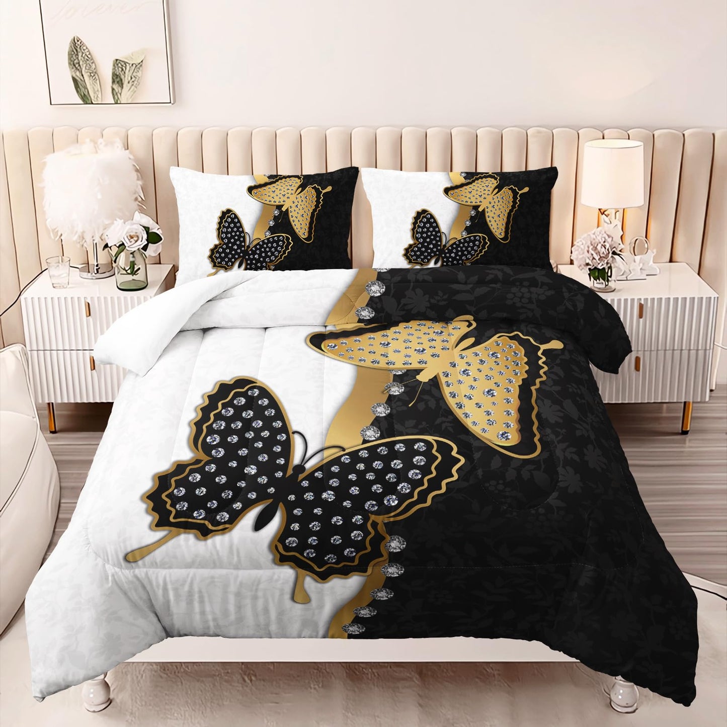AILONEN Butterfly Comforter Set Queen Size, Black Gold Butterfly Diamonds Pattern Bedding Set for Girls Adults,Luxury Black White Soft Lightweight Duvet Set 3 Pieces(1 Comforter + 2 Pillowcases)