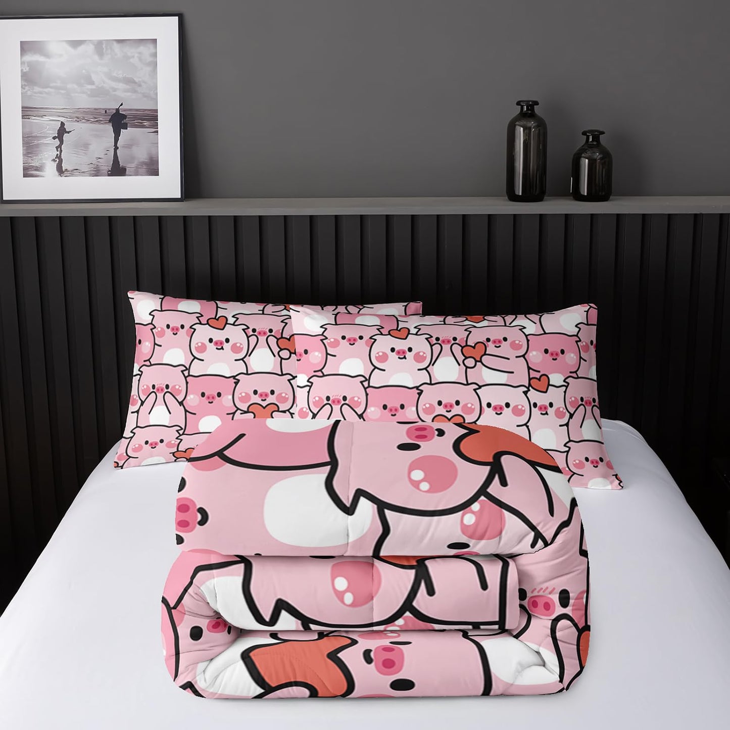 Pink Pig Comforter Set Twin，Kawaii Pink Cute Animals Bedding Set for Kids Boys Girls Teens Room Decor Kawaii Animals Comforter Set Farmhouse Wildlife Theme Bedroom Living Room Decor，All Season