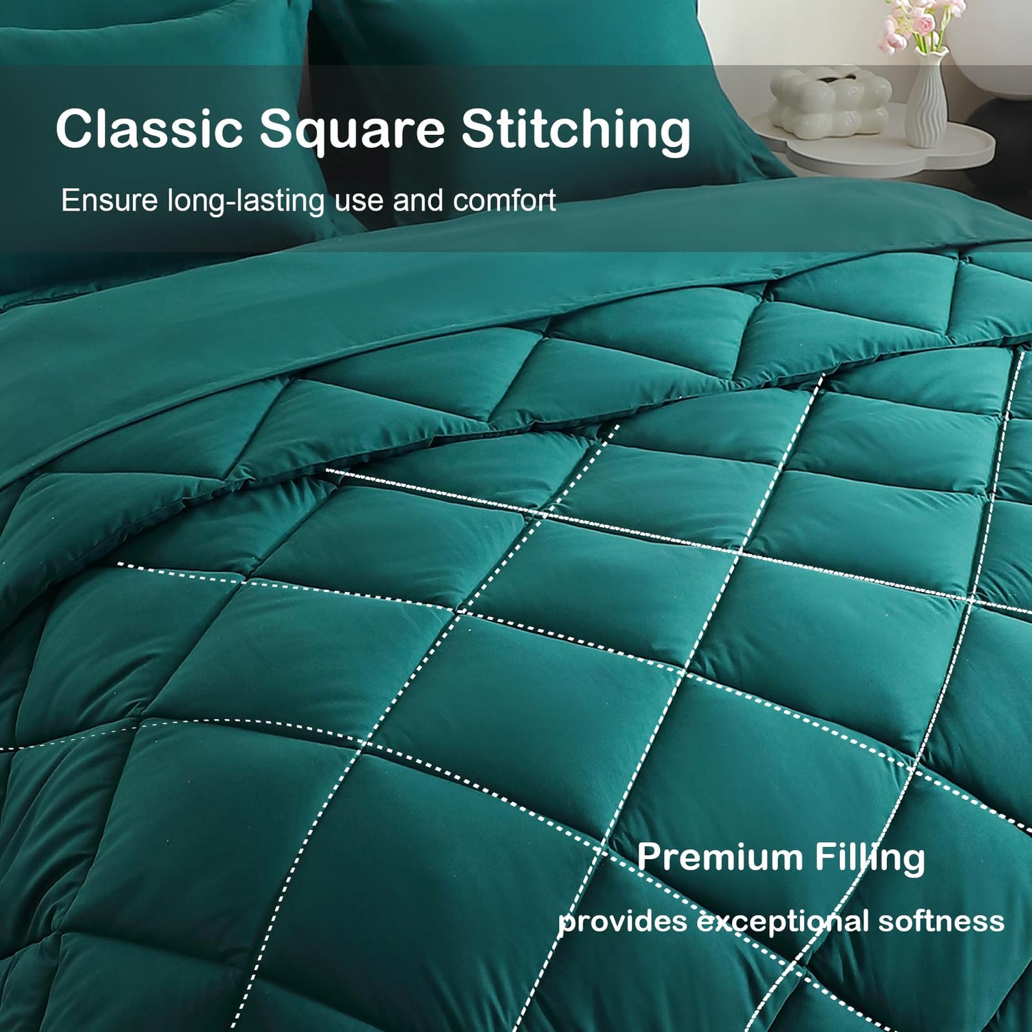 FISHDRU Bed in a Bag 7 Pieces, Luxury Soft Bed Set for All Seasons, Bedding Set with Down Alternative Comforter, Sheets, Pillowcases & Shams (Green, Queen)