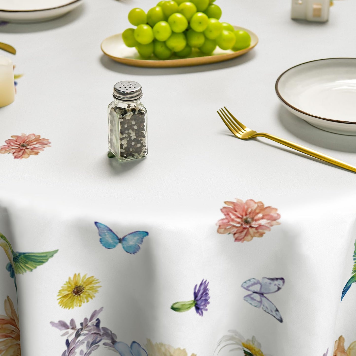 Horaldaily Spring Summer Tablecloth 60×60 Inch Round, Floral Flowers Butterfly Birds Washable Table Cover for Party Picnic Dinner Decor