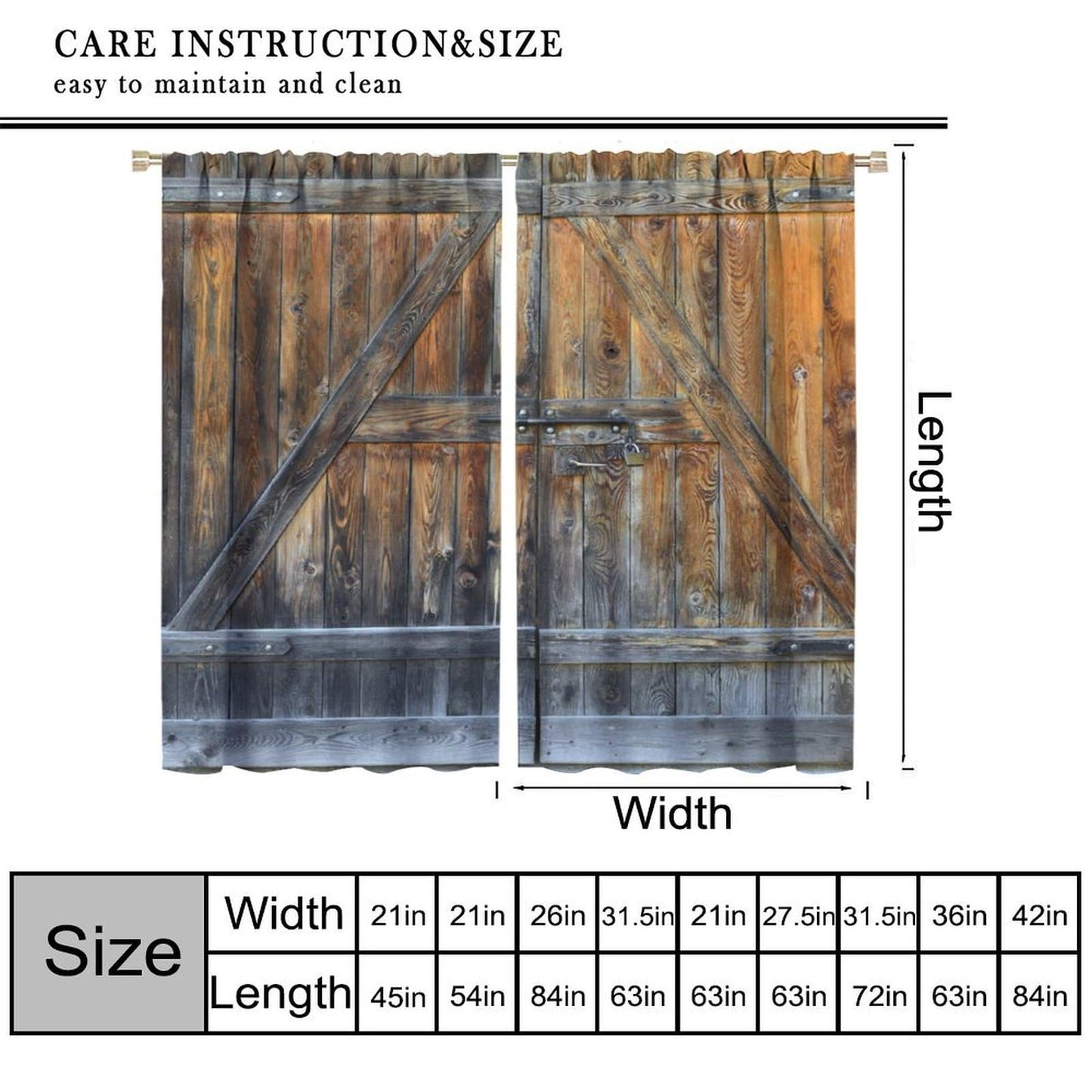 Wood Barn Door Decor Curtain, Retro Rustic Farmhouse Wooden Door Countryside Village Pattern Print Rod Pocket Window Drapes, for Living Room Bedroom Kitchen 42" W X 45" L