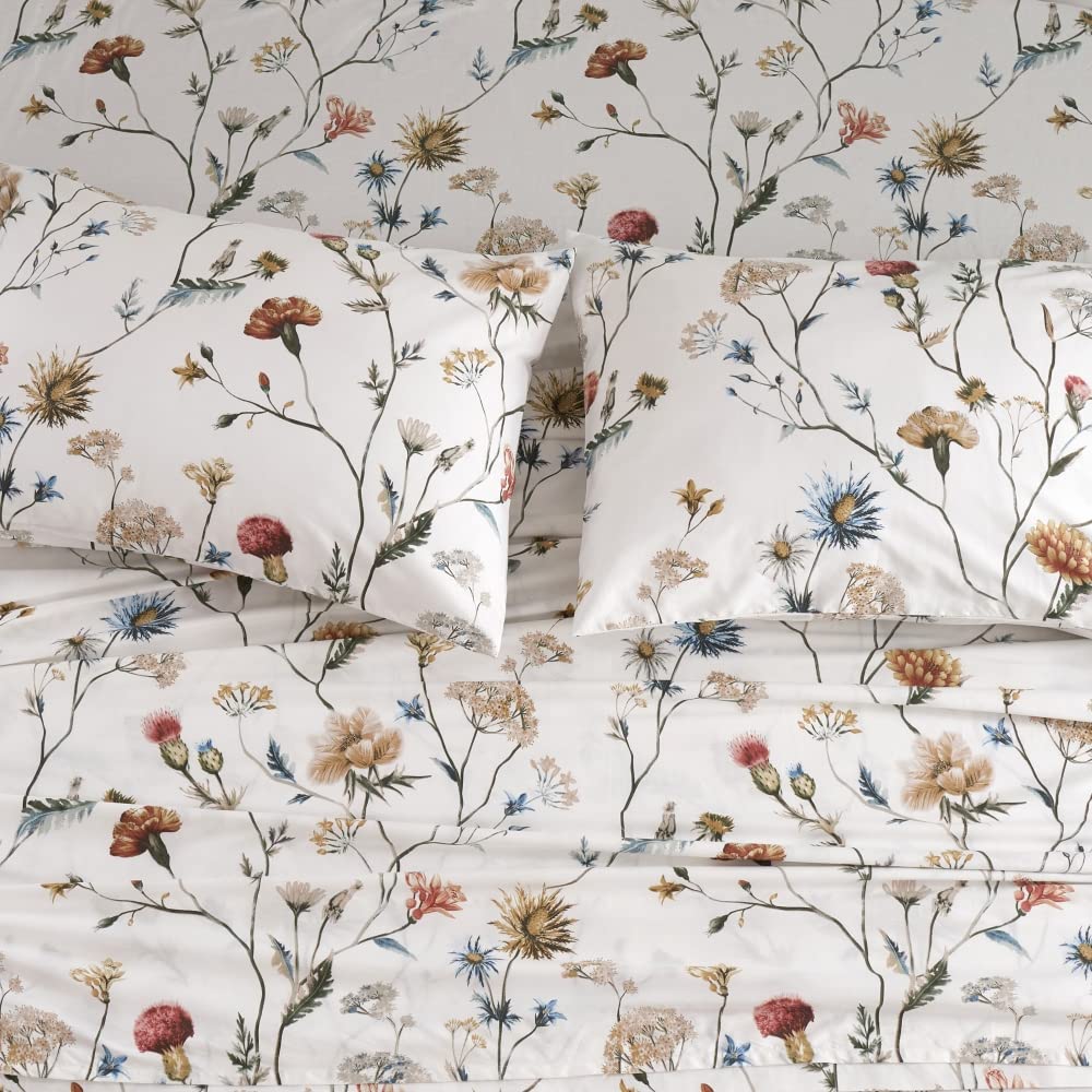 DAUAOTO 100% Cotton Sheets Set Twin Size Printed Bedding Sets, Up to 14" Deep Mattress, Foral Botanical Pattern Bedlinen Set