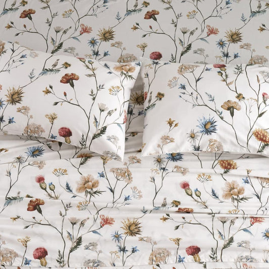 DAUAOTO 100% Cotton Bedding Printed Sheets Set for Full Size Bed Up to 14" Deep Mattress, Floral Botanical Pattern Bedlinen Sets