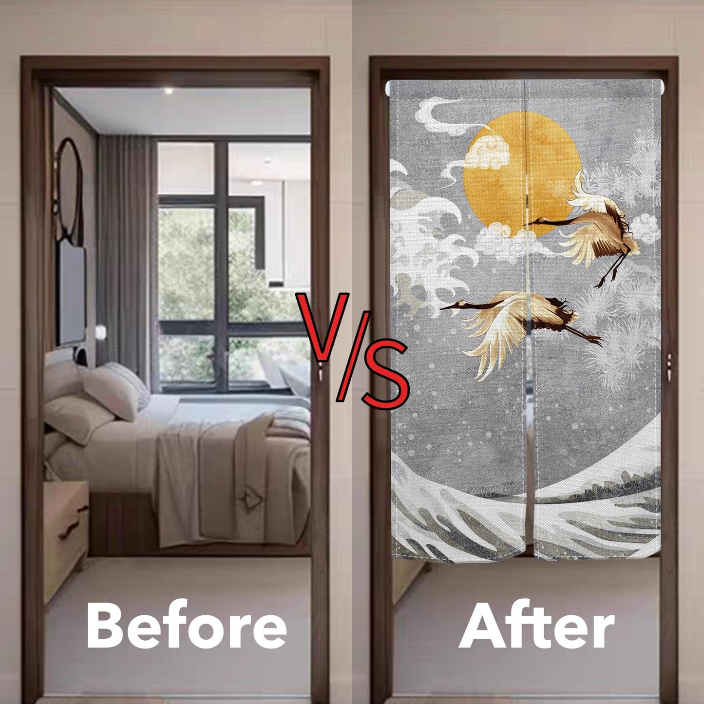 Leowefowa Noren Doorway Curtain Japanese Style Door Tapestry Cranes Waves Gold Full Moon Printed Window Treatment Panel for Room Divider Kitchen Door Curtains Home Decoration, 33.5"x 70.9"