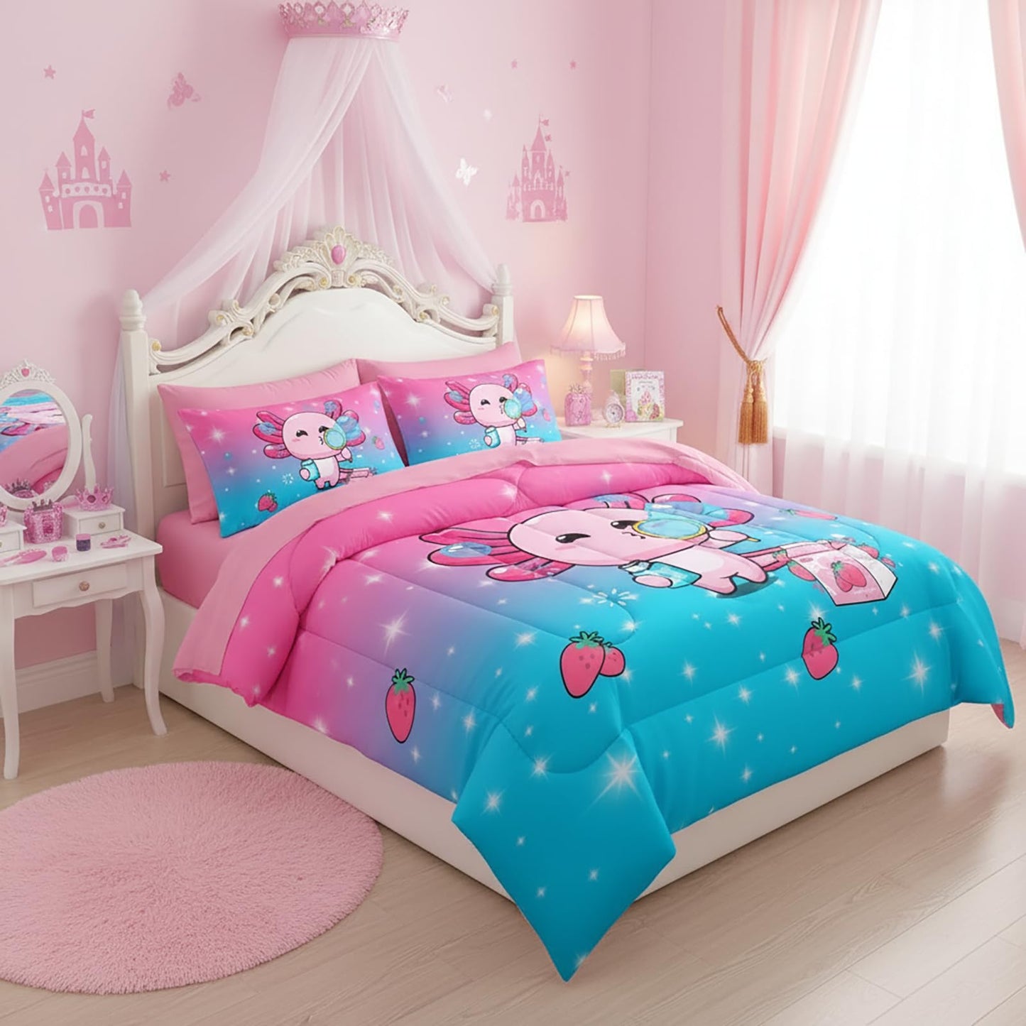 QOOMO Axolotl 7 Pieces Comforter Set Queen Size,Salamander Bedding Set for Kids-Include 1 Comforter,1 Fitted Sheet,1 Flat Sheet,2 Printing Pillowcases and 2 Pink Pillowcases
