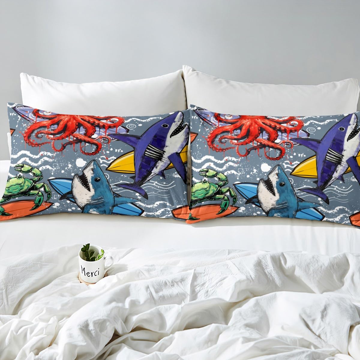 Feelyou Kids Cute Shark Bedding Set Cartoon Octopus Comforter Cover for Boys Children Ocean Surfing Animal Duvet Cover Sea Marine Creature Bedspread Cover Room Decor 3Pcs With 2 Pillow Case Queen Size