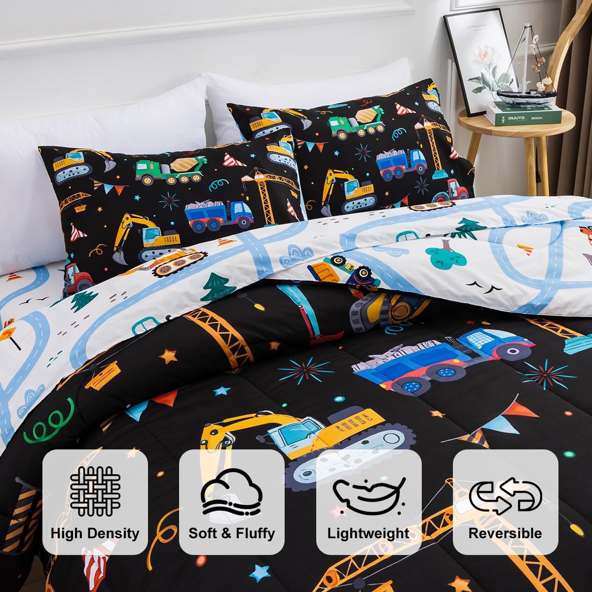 Holawakaka Trucks Tractors Cars Boy Bedding Comforter Set with Sheets, Twin Size Cartoon Construction Car Excavator Print Kids Bed in A Bag 5-Piece, Boys Reversible Dorm Bed Sets (Black Twin)