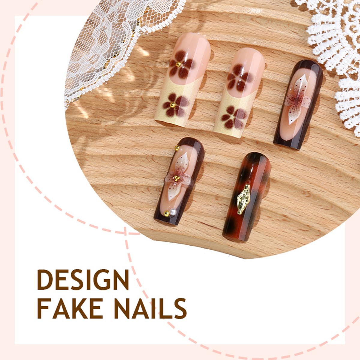 Long Square Press on Nails Brown Fake Nails French Tip Glue on Nails with 3D Flower, Cherry, Gold Charms Designs Full Cover Glossy False Nail Press ons Stick on Nail for Women Manicure 24Pcs