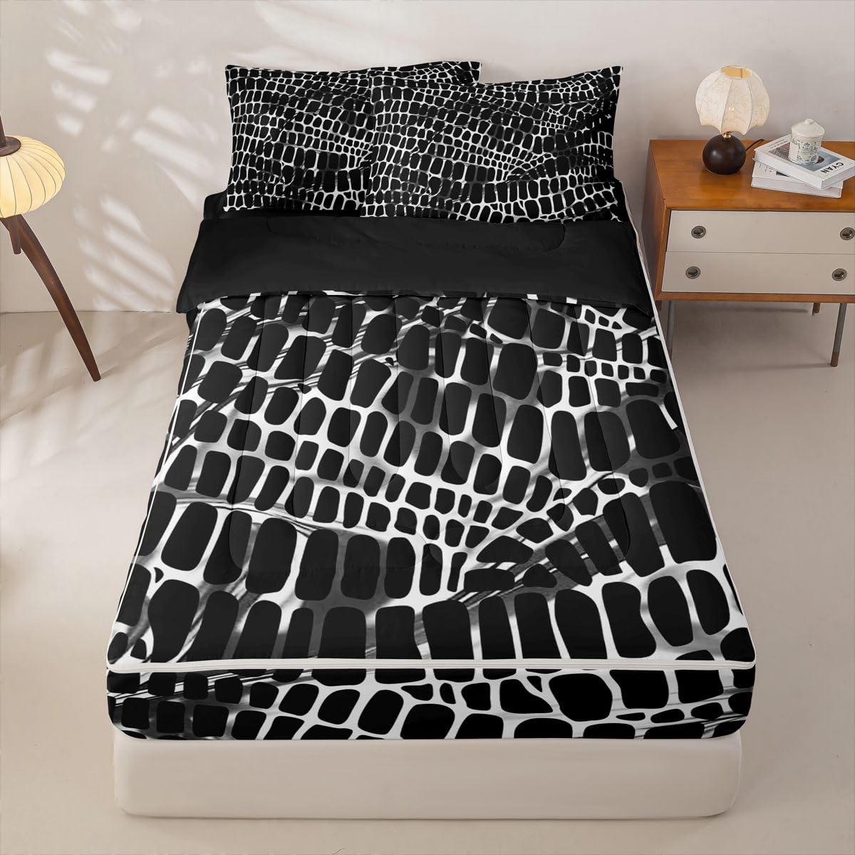 Erosebridal Mysterious Geometric Zipper Bedding Black White Grid Zippable Comforter Set 3D Print Bed in a Bag Full Size Modern Animal Texture Bed Set Room Decor