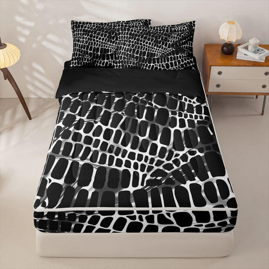 Erosebridal Mysterious Geometric Zipper Bedding Black White Grid Zippable Comforter Set 3D Print Bed in a Bag Full Size Modern Animal Texture Bed Set Room Decor