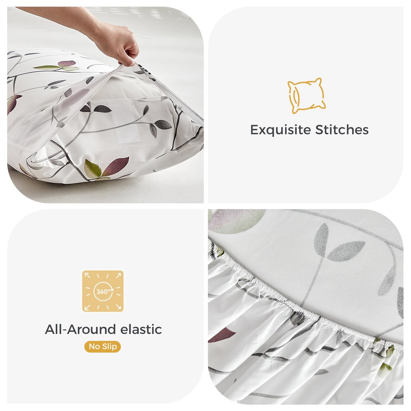 Tokokimo Floral Sheets Set King Size, 16 inches Deep Pocket Fitted Sheet, Flat Sheet & Envelope Closure Pillowcases, Soft Breathable Microfiber Sheet Set 4-Piece, White Leaf Floral