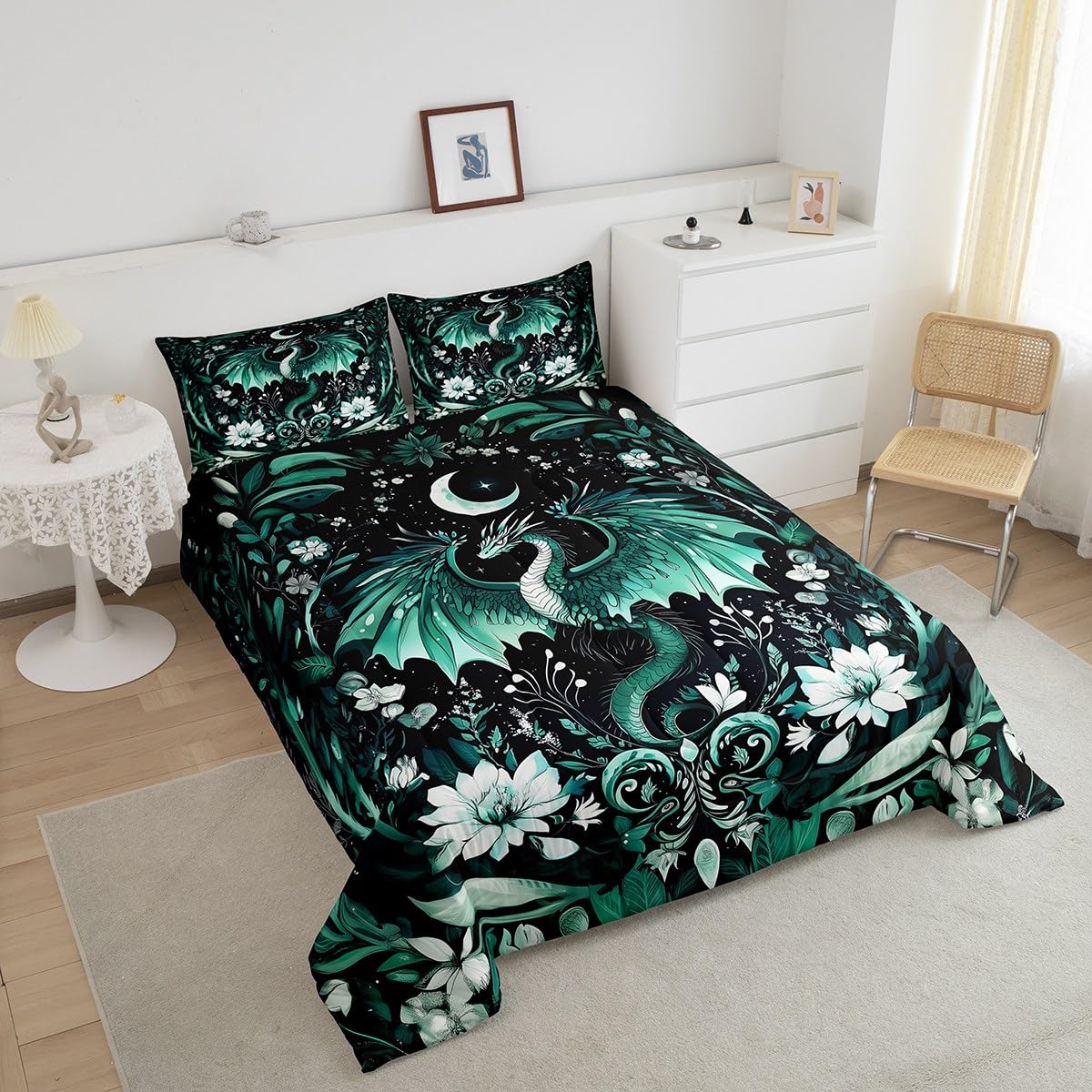 Feelyou Kids Dragon Comforter Set Twin Size, Green Dragon Bedding Set Dragon Lovers Comforter for Kids Boys Girls Boho Duvet Insert Room Decor 2Pcs