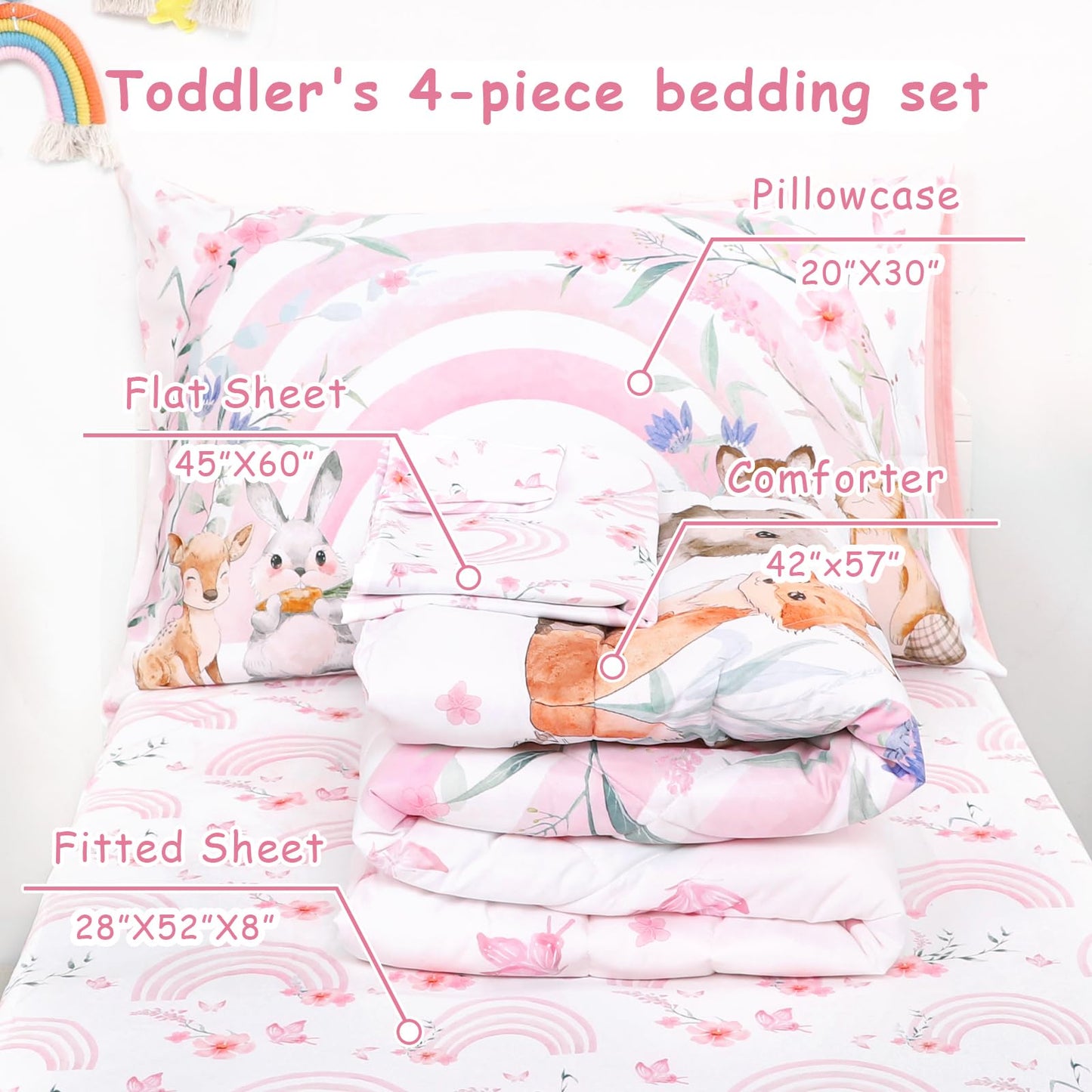 Hooyax Toddler Bedding Set for Girls - 4 Piece Rainbow Toddler Comforter Set Includes Fitted Sheet, Comforter, Pillowcase & Flat Sheet - Soft Comfort Microfiber for All Seasons