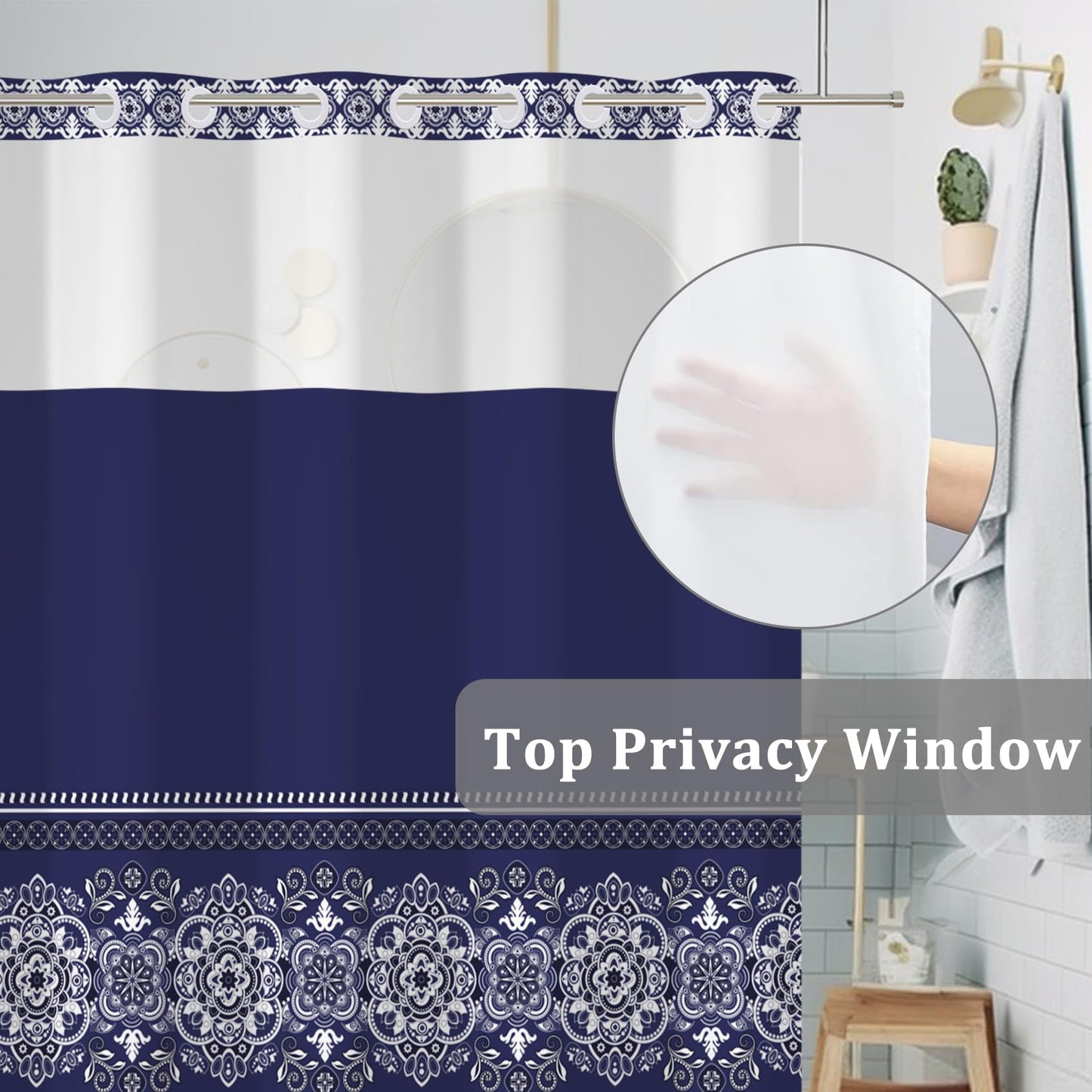 Baocicco No Hook Boho Pattern Shower Curtain Snap Liner Dark Blue Bohemian Striped Shower Curtains for Luxury Hotel Grade Spa-Like Bathroom Decor Minimalist Double-Layered Shower Curtain 71x74 Inch