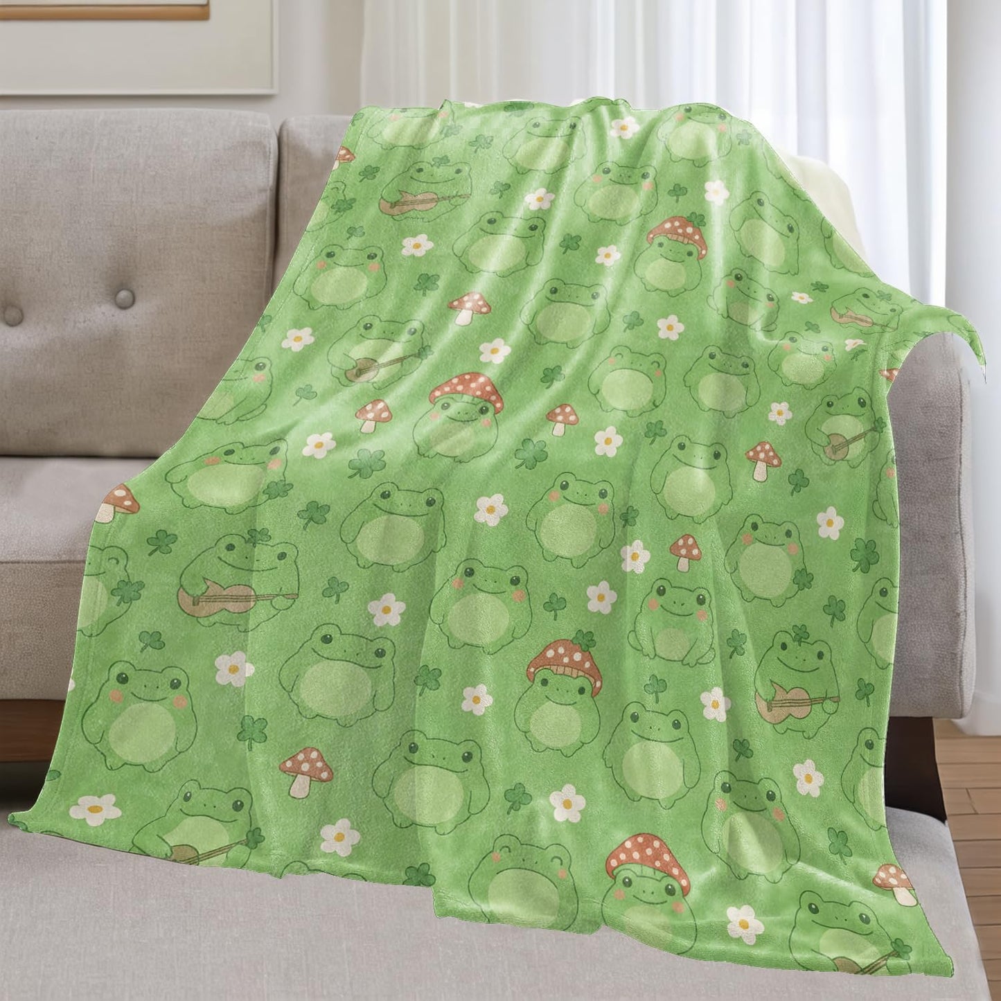 olpddz Cute Cartoon Frog Flannel Blanket Gifts for Animal Lover,60x50inch,Mushroom Flower and Leaf Throw Blankets with Green Background,for Bedroom,Sofa,Living Room,Camping Decor Throws