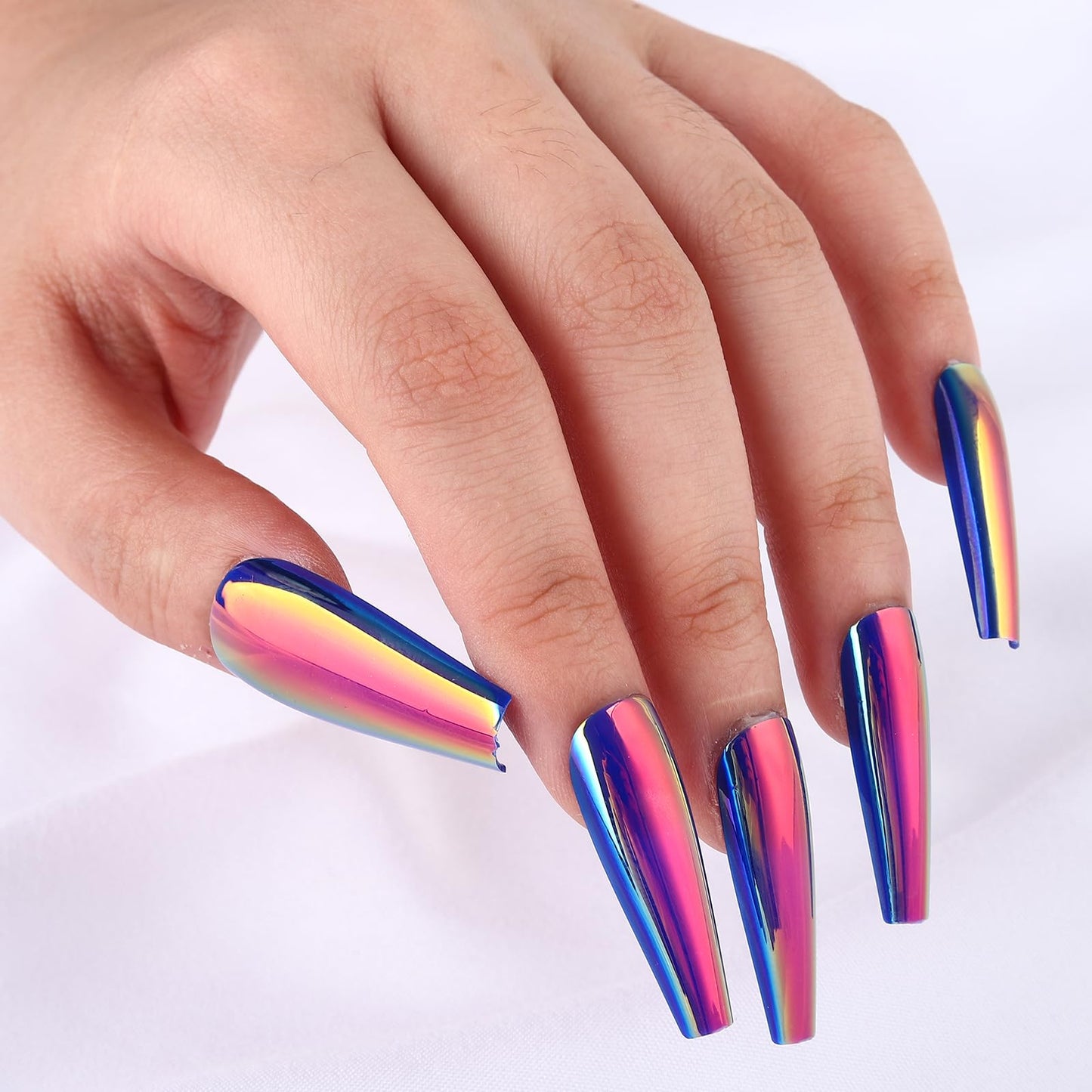 ROFIBUT 24PCS Chrome Press on Nails Fluorescent Laser Mirror Holographic Coffin False Nails Metallic Arts Long Ballerina Glue on Nails Holographic Coffin False Nails Laser Mirror Nails