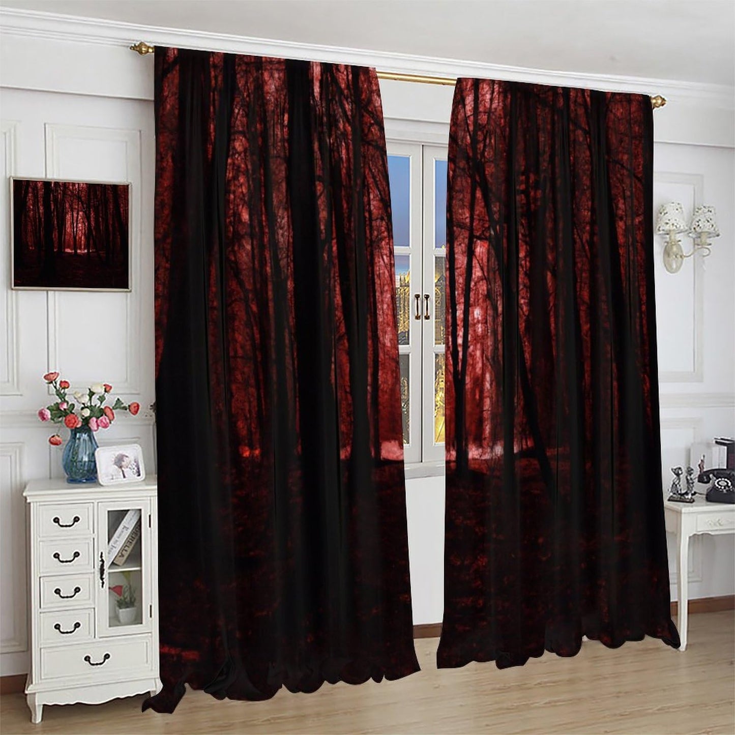 SHElifestyle Gothic Dark Red Forest Curtains, Haunted Creepy Landscape Forest Window Treatments Spooky Horror Halloween Trees Window Drapes for Bedroom Living Room W42 X L45