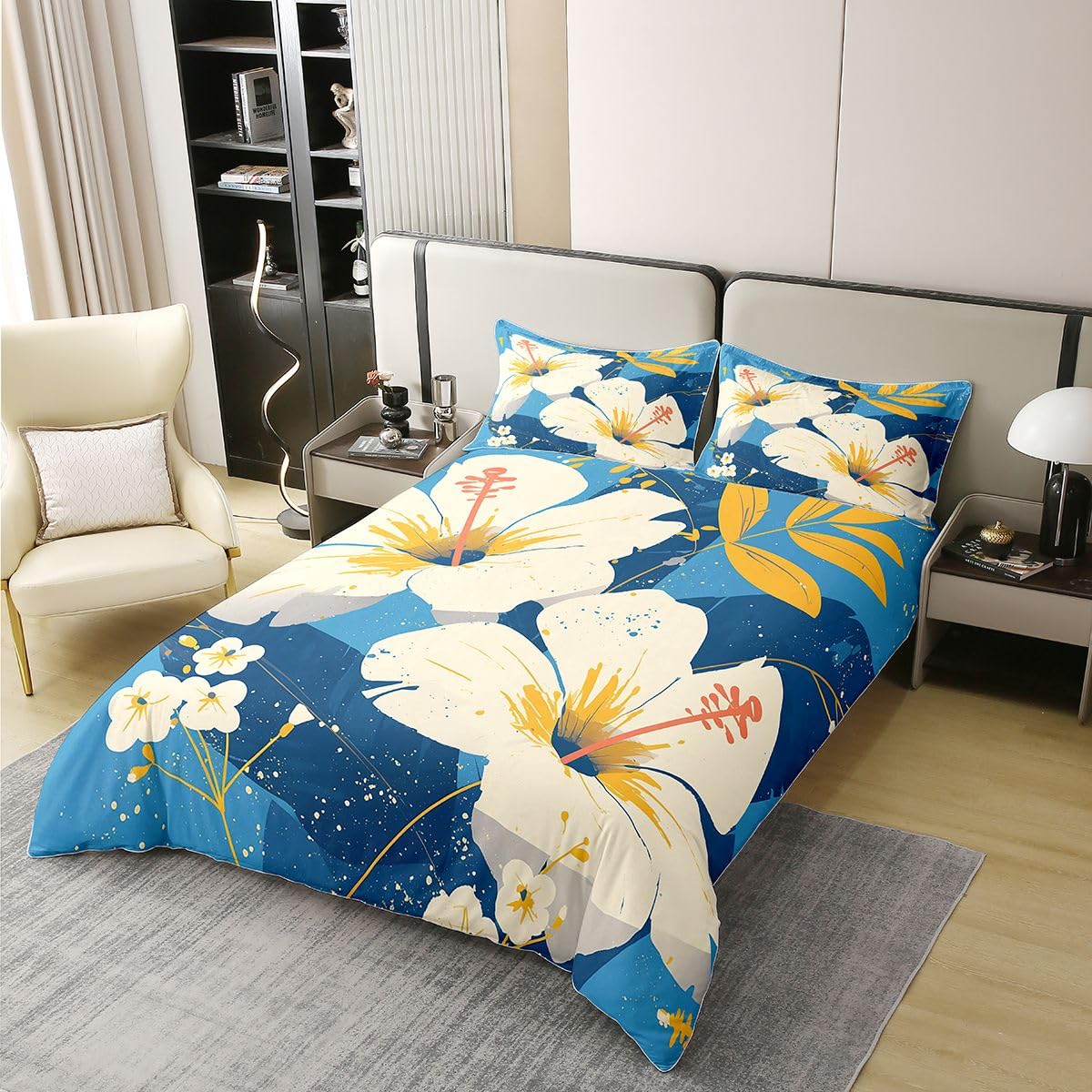 Erosebridal Summer Florals 100% Cotton Duvet Cover Full Beige Flower Bedding Set for Kids Girls Boys Adults Beige Blue Comforter Cover Spring Garden Botanical Bedclothes 3 Pcs