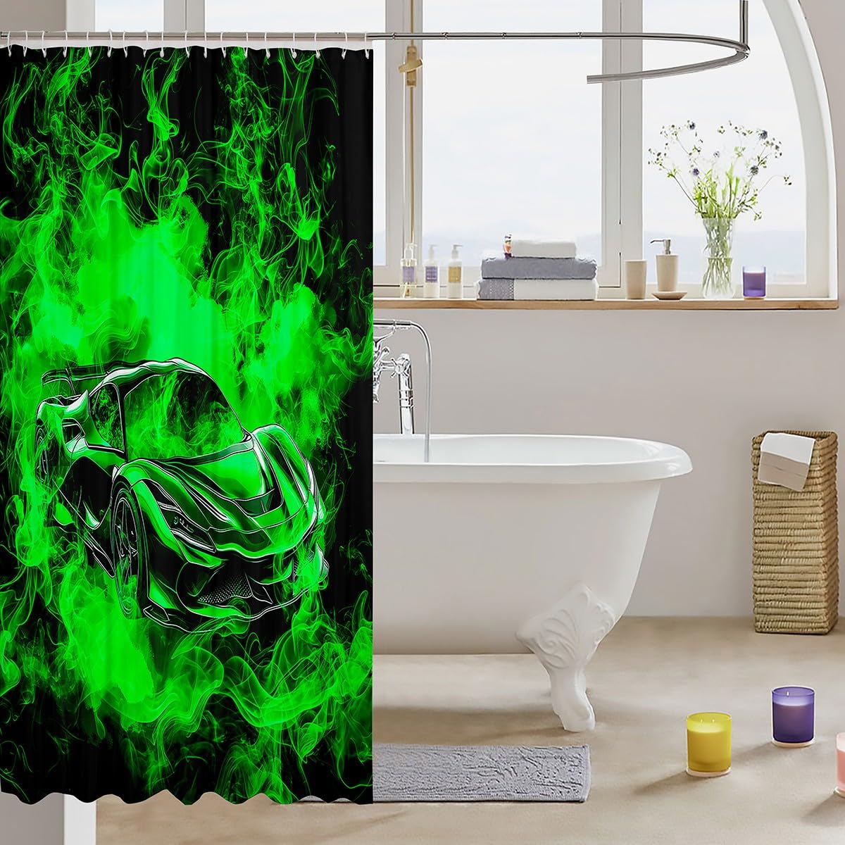 Feelyou Speed Sports Car Shower Curtain 72"x72" Smoky Race Car Bath Curtain for Boys Girls Teens Racing Bath CurtainWaterproof Polyester Fabric Extreme Sports Kids Bathroom Accessories Black Green