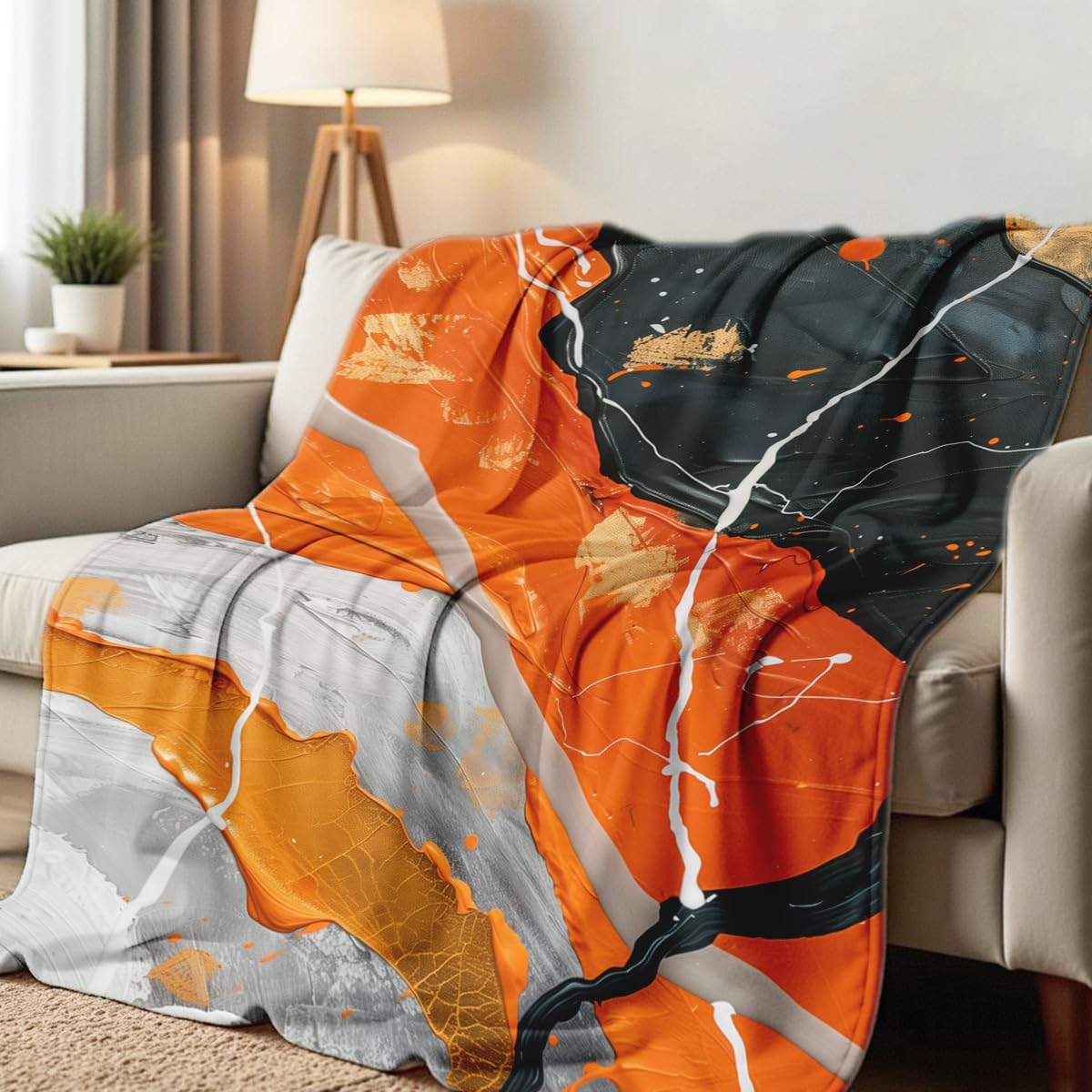 HUNXIAOJ Orange Blanket Throw for Couch Bed Abstract Print Blanket Soft Flannel Bedding Modern Bedroom Home Decor (49"x59")
