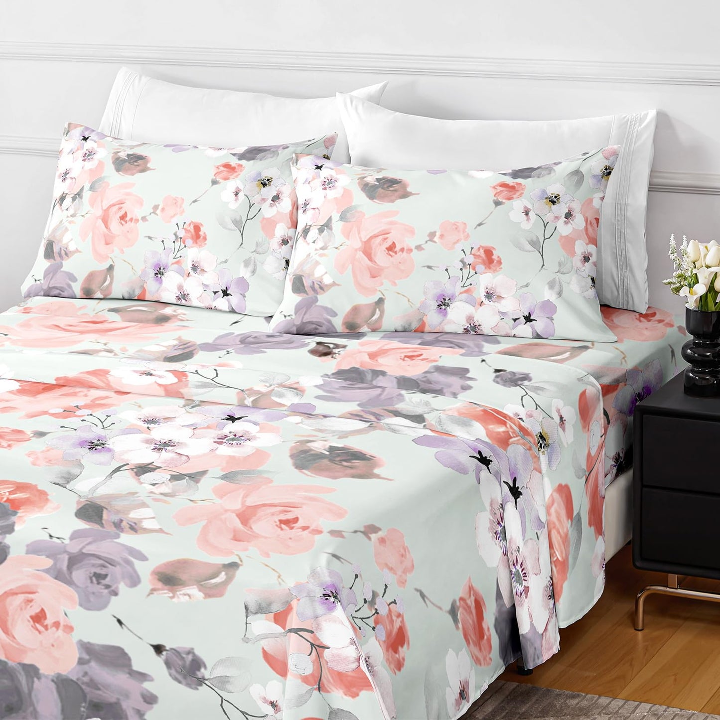 HCORA Floral King Size Sheets Set, Luxury 1800TC Hotel Quality Double Brushed Microfiber Deep Pocket Bed Sheets, Ultra Soft, Breathable and Cooling, 4PC, King