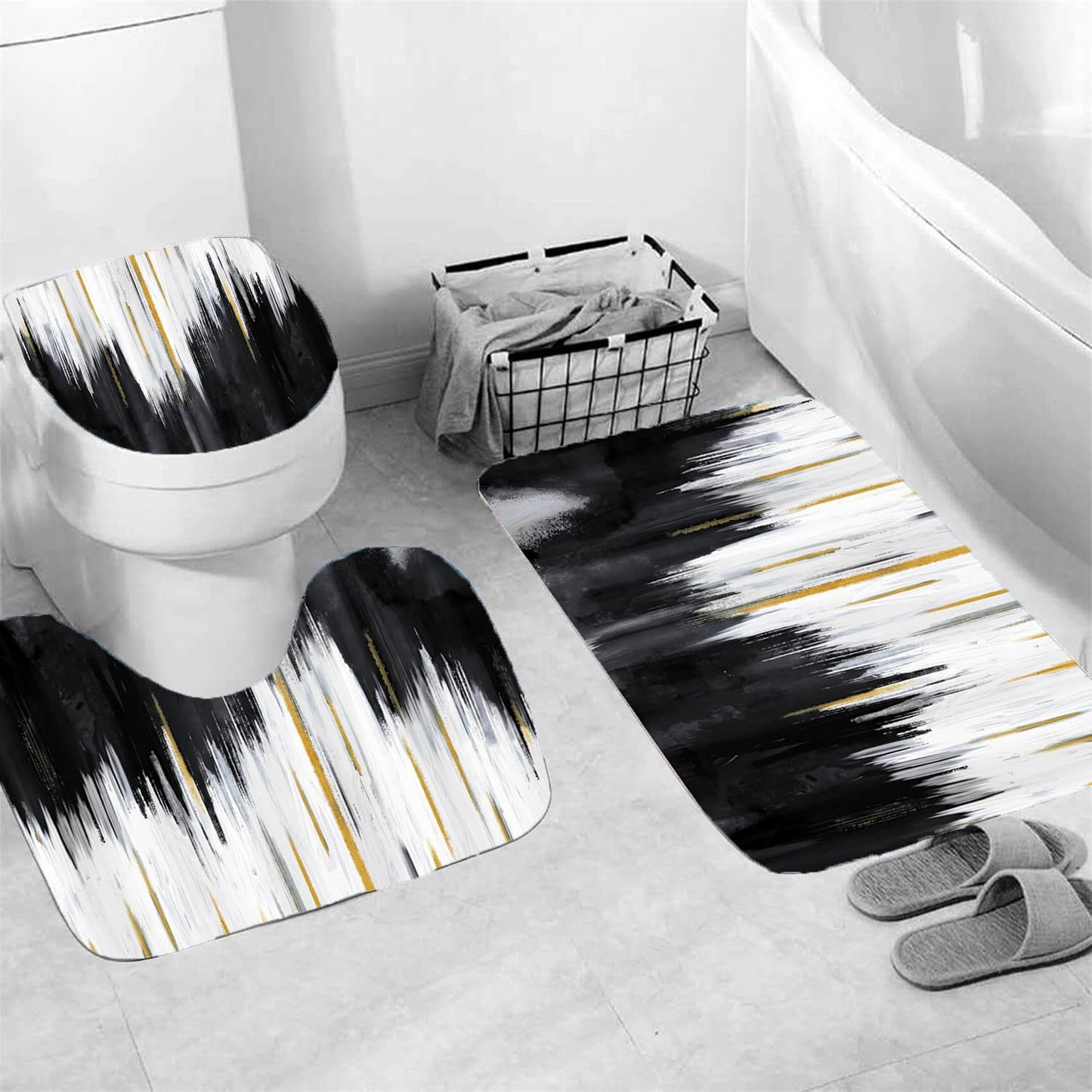 NBVKO 4PCS Black Oil Painting Style Shower Curtain Set with Non-Slip Rugs,Toilet Lid Cover and Bath Mat,Bathroom Decor Accessory Set