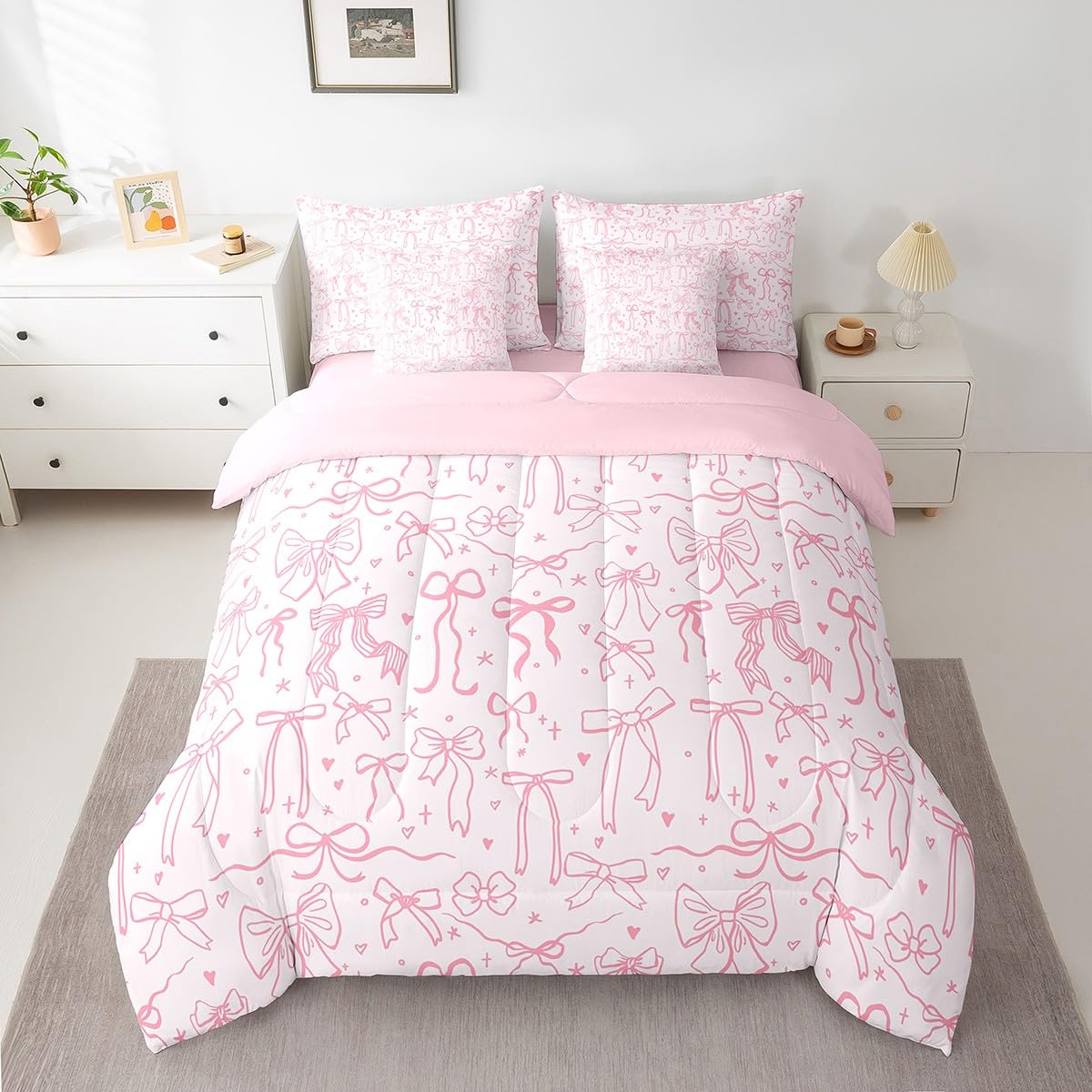 7 Pieces Pink Bowknot Kids Comforter Full,Cartoon Bow Tie Butterfly Knot Princess Girl Bedding Sets,Bow Star Love Pink Sweet Girly 1 Comforter 1 Fitted 1 Flat Sheet 2 Pillowcase,2 Throw Pillow Covers