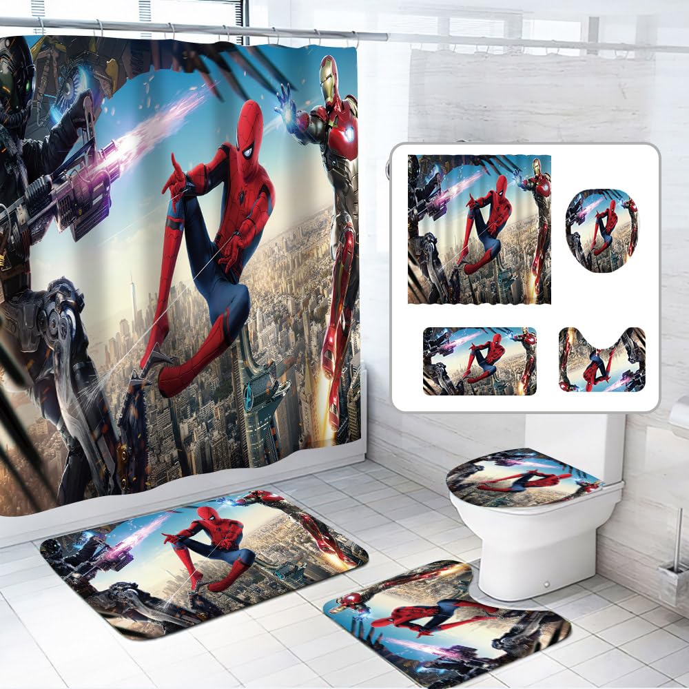 DIOSN Cute Spidey Shower Curtain Set 4 Piece with Non-Slip Rugs, Toilet Lid Cover and Bath Mat Cartoon Bathroom Decor 72 x 72inch (Spider)