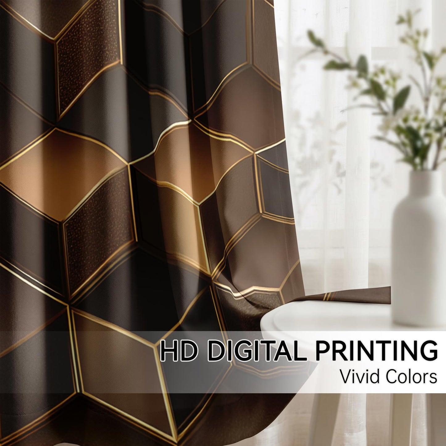 Mistwalk Brown and Gold Curtains 108 Inch Length 2 Panels Set, Patterned Blackout Curtains for Bedroom & Living Room, Room Darkening Thermal Insulated Grommet Drapes, 3D Geometric Window Treatments
