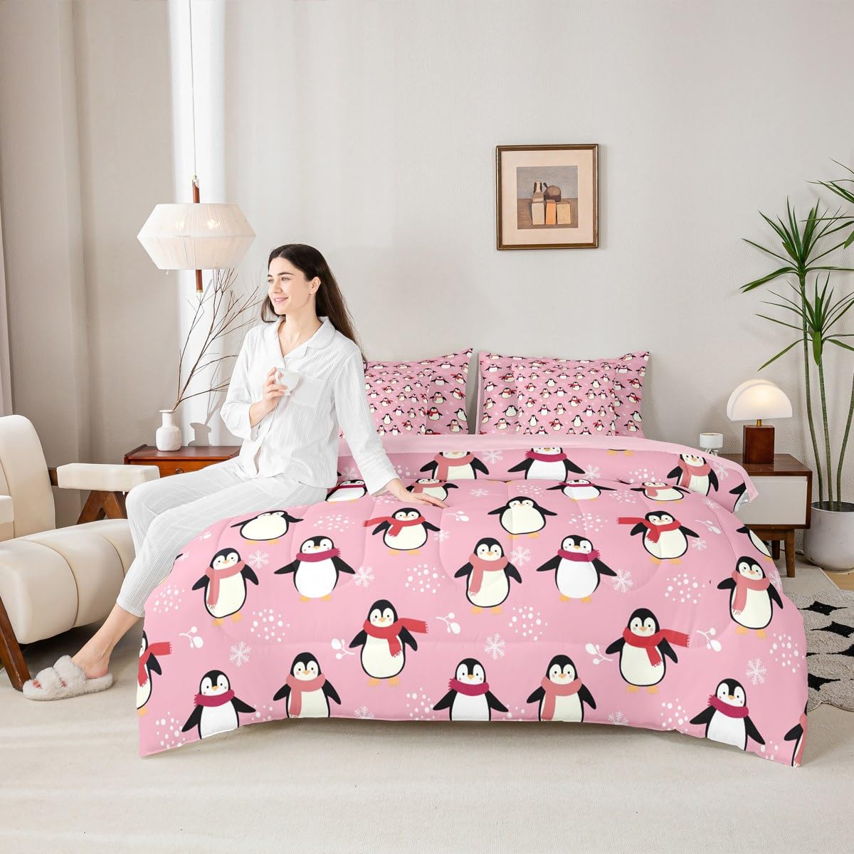 Erosebridal Cartoon Penguin Twin Size Comforter Set, Kawaii 7-Piece Bed in A Bag, Antarctic Animal Sheets and Pillowcases, Cute Winter Theme Bedding Set Room Decor