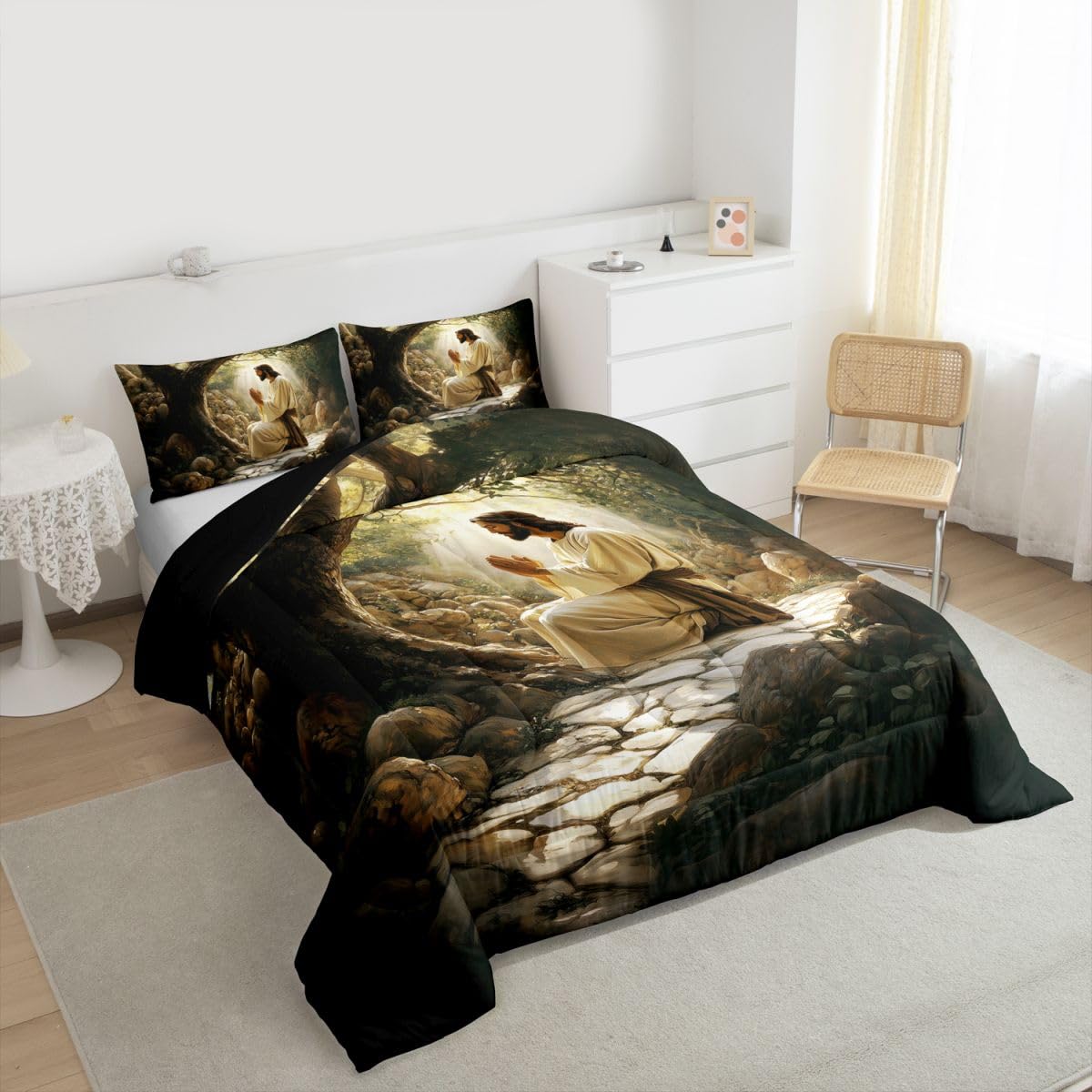 Manfei God Praying Girls Bedding Set Twin Size,The Garden of Gethsemane Comforter Set,Western Bible Verse Spiritual Quilt Comforter Girls Boys Teens,Black Gray Room Decor All Season,1 Pillowcase