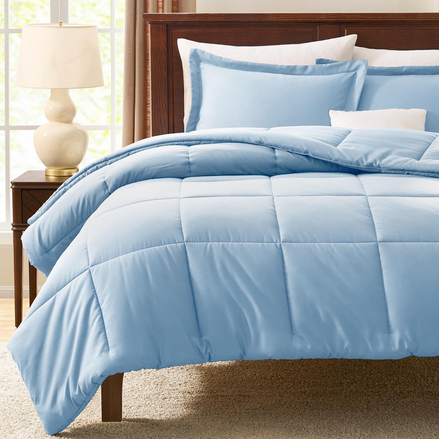 CozyLux Queen Comforter Set - 270GSM Baby Blue Bedding Sets for All Seasons, 3 Pieces Box Stitched Bed Set with 1 Down Alternative Comforter and 2 Pillow Shams, Soft, Lightweight, Breathable